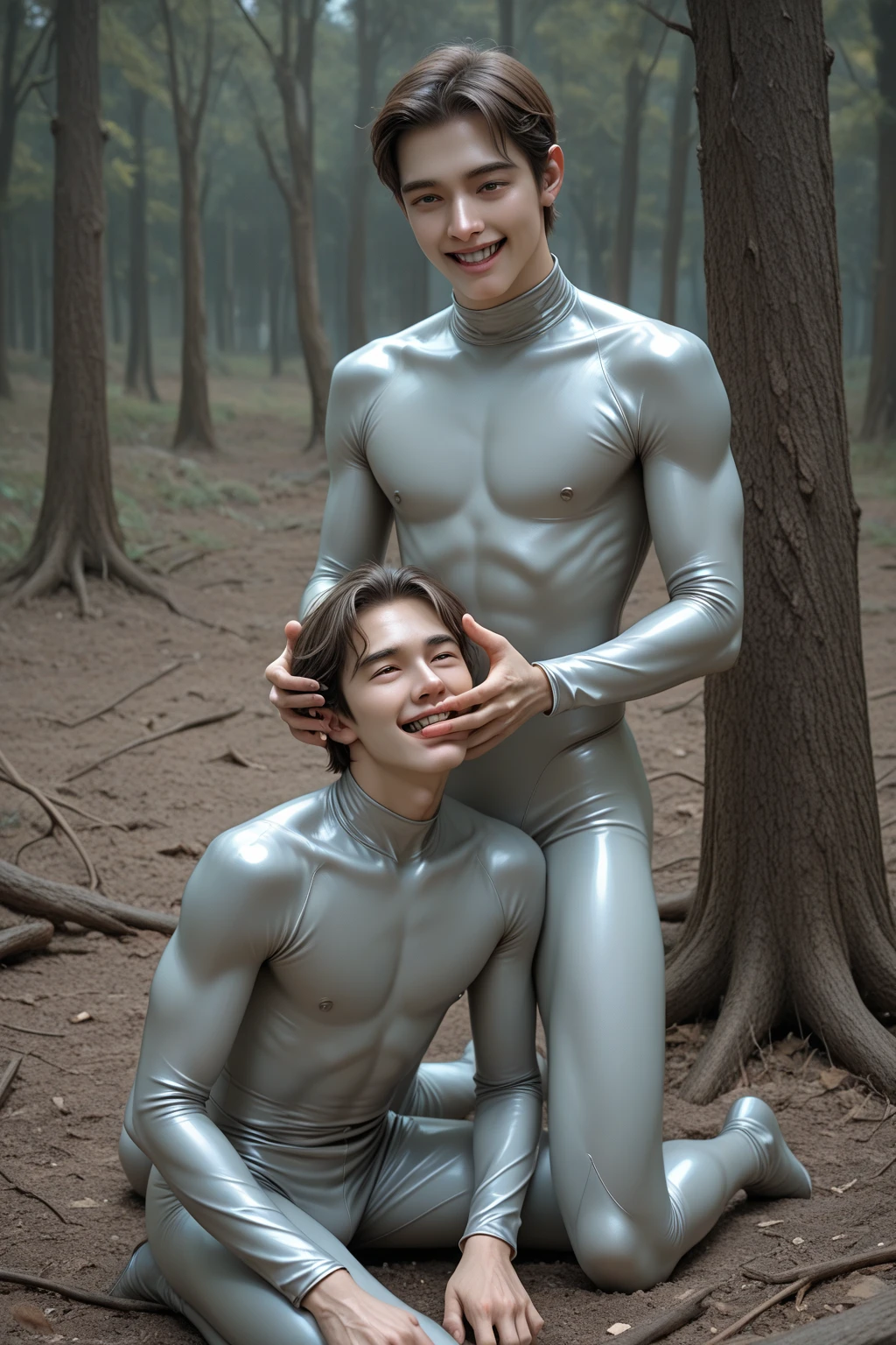 ((masterpiece)), ((best quality:1.2)), High Resolution, 8k, (ultra_realistic:1.3), (photorealistic:1.4), sharp focus, (((3  boys))), (several  boys), (mmm ), ((they all have the same height and body shape)), ((sandwiched:1.6)), (looking down), ((wet long blue sleeves compression bodysuits expose the :1.2)), beautiful muscular  men, messy short black hair, (manly), muscular men, (bright white skin), blush, perfect male cute face,  ((clean shaved face)), ((clean shaved chest)), broad shoulders, muscular arms, (biceps and muscle triceps detailed:1.3)), thin muscular thighs, (large pectorals), (narrow waist), (hip bones), detailed bottom, Sufi style hair the 3boys, one boy with a naughty face, another serious boy and the other with glasses and smart face, long big , man , perfect  in good shape, flawless   , , 