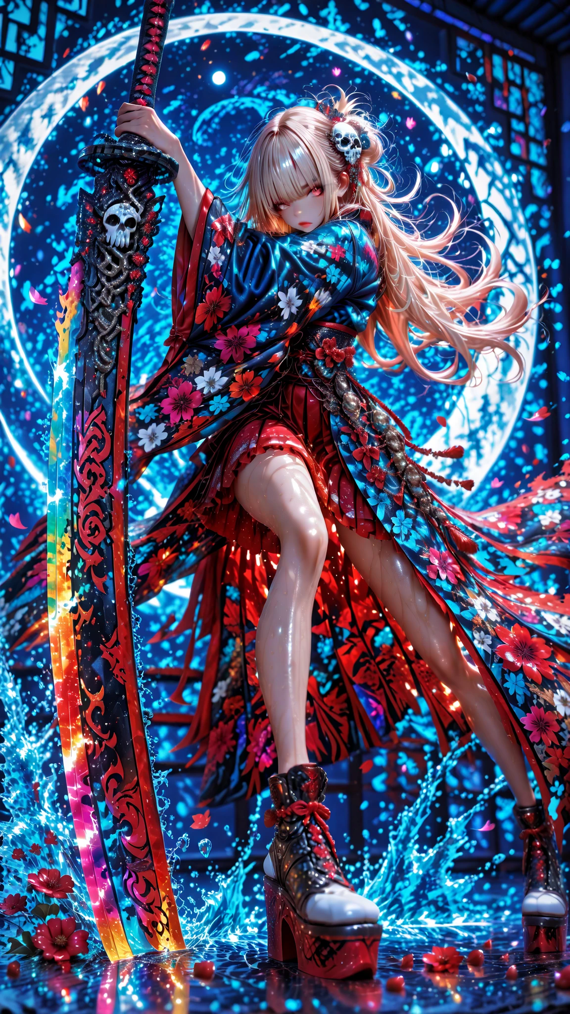 16k,Highest Quality、Maximum resolution,masterpiece,beautiful faces, shiny skin ,Burns, series,favorite face ,1girl, solo, morning long hair, knee-high, battle pose,weapons, Moon and Flame Vortex, battle pose,curved platform shoes, Black Reaper , white knee-high, Flower, Flowerprint, in、Warped plantar shoes, viewers,lips, dress, blue kimono, blue kimono,red skirt, the sword is blue with the Moon and roof, hair jewelry , full body, all, blurred background, Moon、Sea looking at the viewer、 Soft Chest 、a powerful female warrior swings down a long sword,messy bangs, Hide with right arm, dynamic angles where the sword shines brightly,,focuses on a limited palette,colorful ,Shining Contours,,,,,,, What is emphasized by、skin tone is normal, not black. (dynamic movement with vibrant colors bursting,Motion Blur:1.2), dramatic action pose、in a dynamic movement with vibrant colors bursting, Vivid Vortex,(blue background :1.2)is very cool,Falling cherry blossoms,Water splashing around the Moon,A large sword twice the size of the body. Animated Illustration . the sword has intricate patterns. skull accessories. dynamic angle. minimalist background. Octane Rendering. 超masterpiece, 超Highest Quality, Height Detailed CG Unity 8K Wallpaper,Flame Vortex、Flame Pillar
