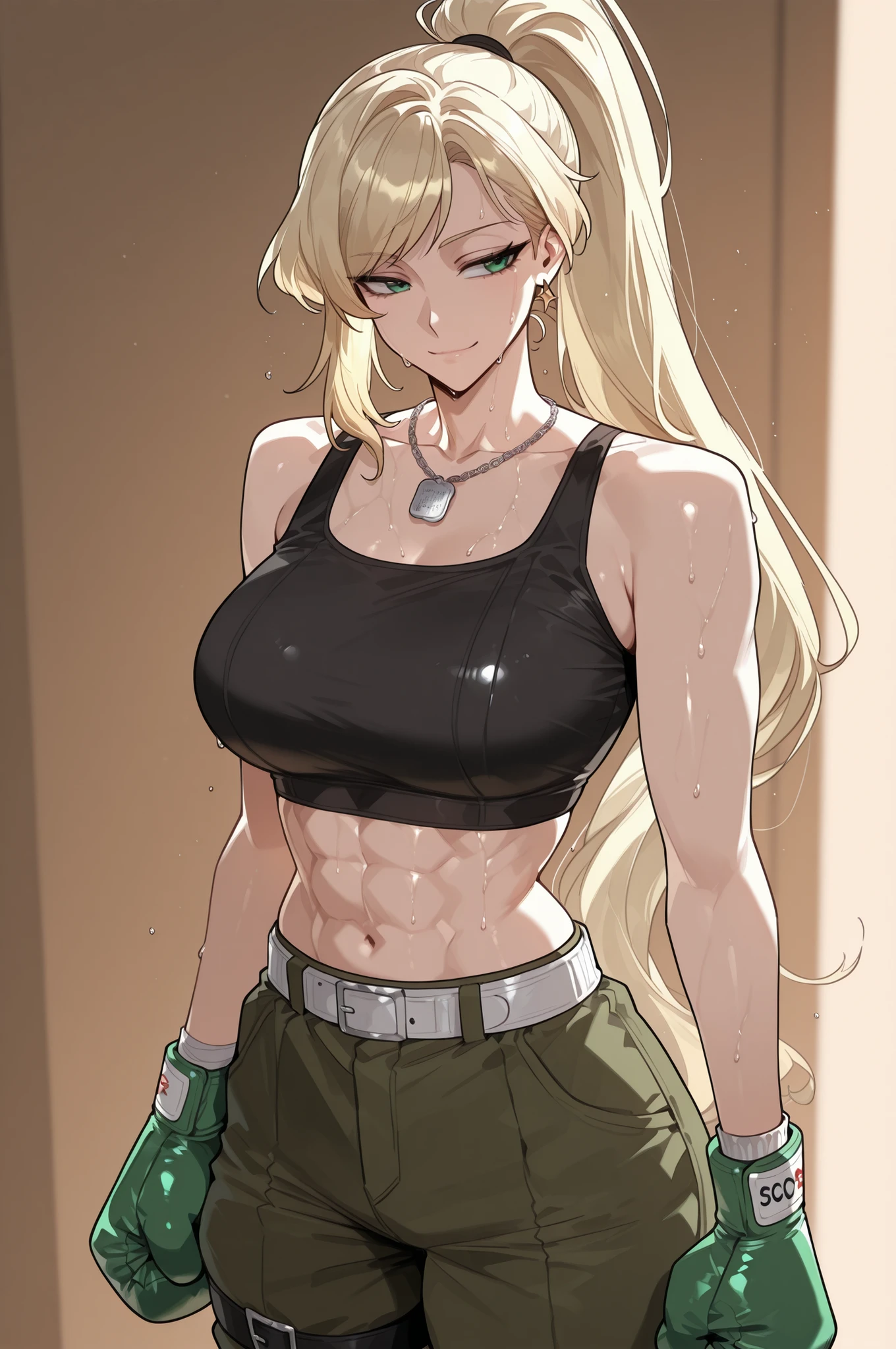lazypos,
Tes, 1 girl ,solo, blonde hair, long hair, high ponytail, side swept bangs, green eyes, muscular, abs, earrings,
black crop top, green cargo pants, white belt, thigh straps, boxing gloves, dog tag necklace, military badge, black cord necklace, silver charm bracelet, sweating
score_9, score_8_up, score_7_up, score_6_up, source_anime, rating_explicit, masterpiece, best quality, intricate details, gothic fantasy, confident gaze, cinematic lighting, clean background, detailed face, vibrant colors, light smile,