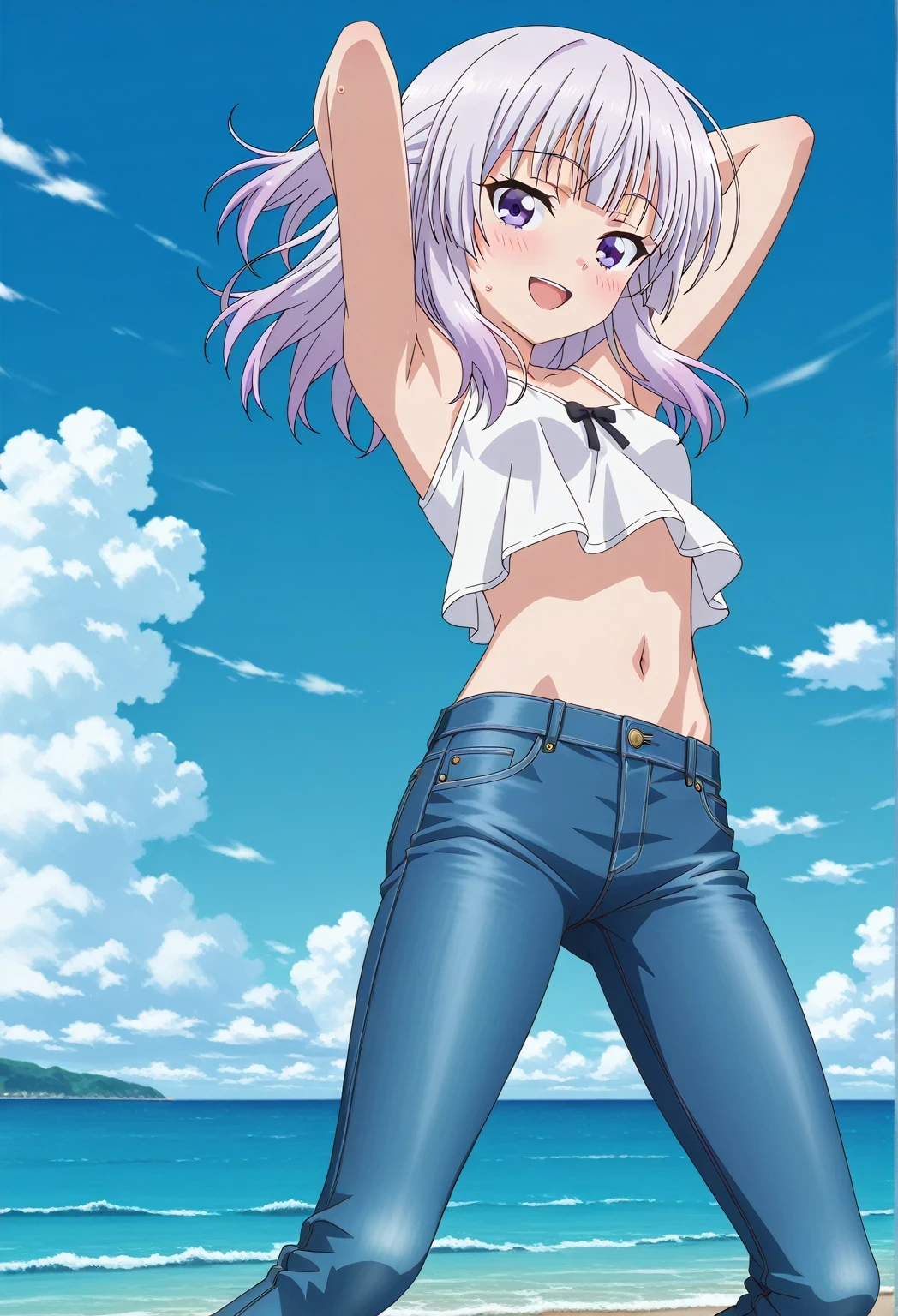 score_9, score_8_up, score_7_up, source_anime, highres, hi res, ((best quality, top quality, perfect quality, Highest Quality, amazing quality)), {{masterpiece}}, {{an extremely delicate and beautiful}}, 2d, intricate details, official style, anime, 8k, anime style, official_anime, official art, digital painting, cell shading, soft shading, high resolution, soothing tones, Subdued Color, Soft cinematic light, adobe lightroom, photolab, HDR, intricately and hyper-detailed, ((high quality animation)), 1 girl, Alone, solo, ((ocean)), tsunami, on the water, day, sunny, outdoors, sky, windy, arisu sakayanagi, sakayanagi arisu, long hair, bangs, purple eyes, white hair, blunt bangs, anime screencap, small breasts, white camisole top, crop top, white crop top, best quality, hyper-detailed jeans, ((blue jeans:1.9)), (dark blue jeans:0.6), full medium body, medium shot, Open mouth, smiling, happy face, blush, sweat, standing, ((arms behind head:6.0)), bowlegged, jumping pose, action, looking at viewer, spread legs, Bend knees slightly, straight-on front view