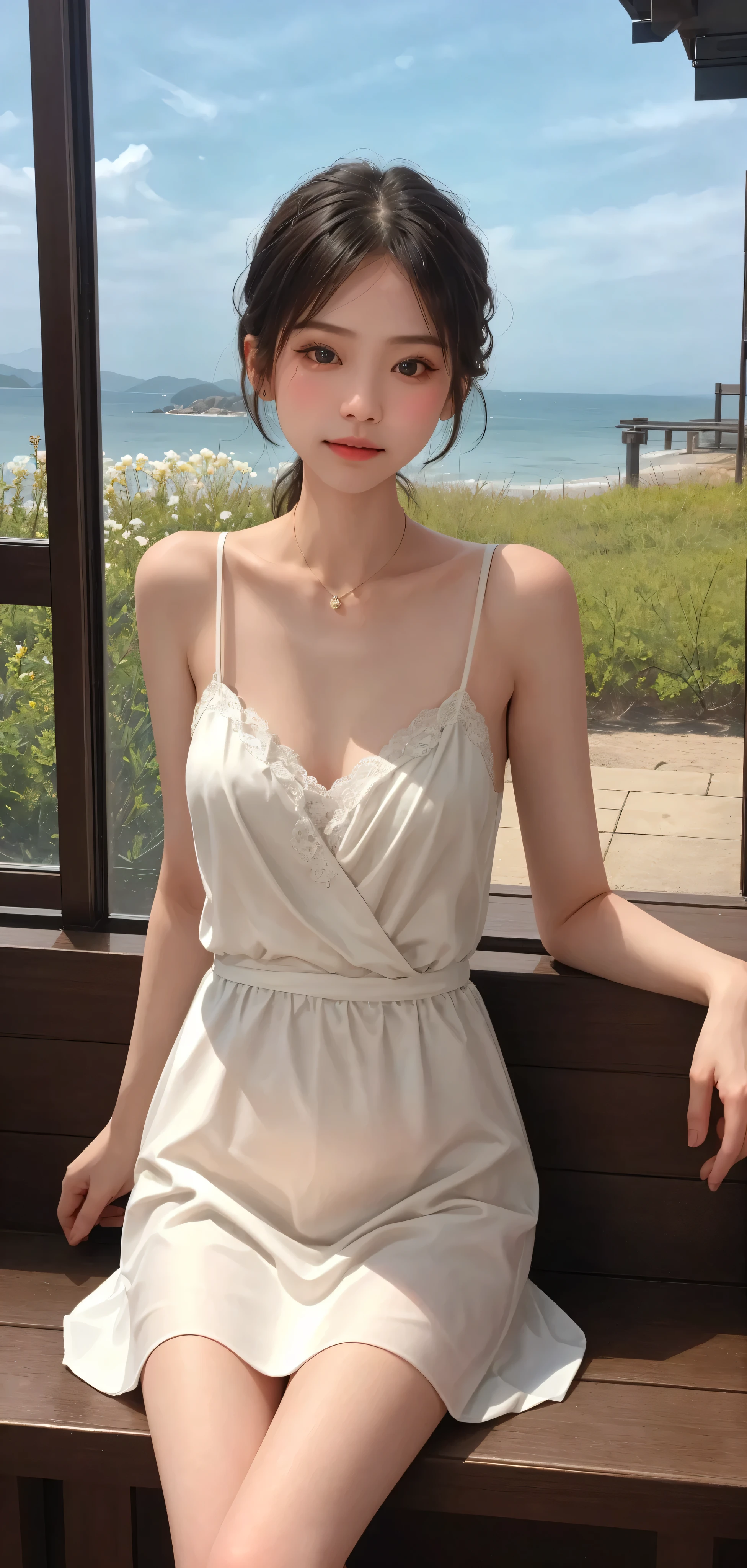 (RAW Photo: 1.2), (Photorealistic: 1.6), (Masterpiece: 1.3), (Best Quality: 1.4), HI-RES, HDR, 8K resolution, Check Comments, (Complex Detail: 1.6), (Volume Light), random place, 1girl, beach, tree, cloud, (head_out_of_frame:1.5) , (collarbone:1.5), dress, , long_hair, long_sleeves, simple_background, solo, (dress:1.5), (medium ??????:1.5), (narrow waist) :1.6),