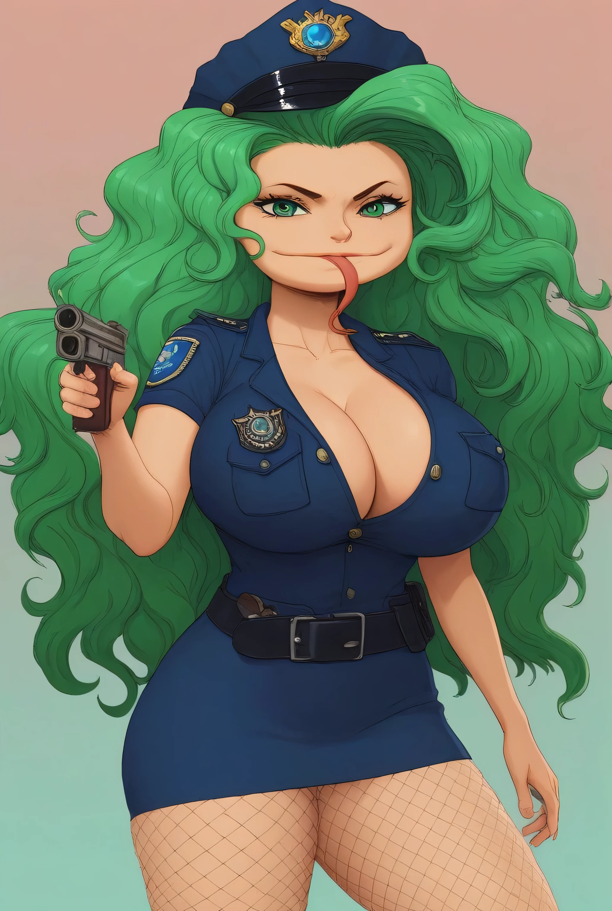 score_9 , score_8_up , score_7_up , masterpiece , best quality , highly detailed, BoaSandersoniaOP, 1girl, solo, tall woman, disproportionately large head, wide head, green hair, long hair, wavy hair, green eyes, wide mouth, long forked tongue, tongue out, huge boobs, big busty boobs, large breast, hud_plce_wmn, short blue dress, short sleeves, belt, police hat, fishnets, badge, buttons, gun, serious expression