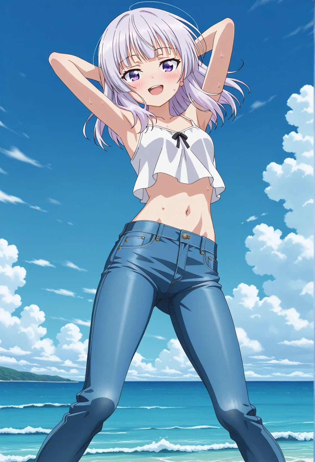 score_9, score_8_up, score_7_up, source_anime, highres, hi res, ((best quality, top quality, perfect quality, Highest Quality, amazing quality)), {{masterpiece}}, {{an extremely delicate and beautiful}}, 2d, intricate details, official style, anime, 8k, anime style, official_anime, official art, digital painting, cell shading, soft shading, high resolution, soothing tones, Subdued Color, Soft cinematic light, adobe lightroom, photolab, HDR, intricately and hyper-detailed, ((high quality animation)), 1 girl, Alone, solo, ((ocean)), tsunami, on the water, day, sunny, outdoors, sky, windy, arisu sakayanagi, sakayanagi arisu, long hair, bangs, purple eyes, white hair, blunt bangs, anime screencap, small breasts, white camisole top, crop top, white crop top, best quality, hyper-detailed jeans, ((blue jeans:1.9)), (dark blue jeans:0.6), full medium body, medium shot, Open mouth, smiling, happy face, blush, sweat, standing, ((arms behind head:6.0)), bowlegged, jumping pose, action, looking at viewer, spread legs, Bend knees slightly, straight-on front view