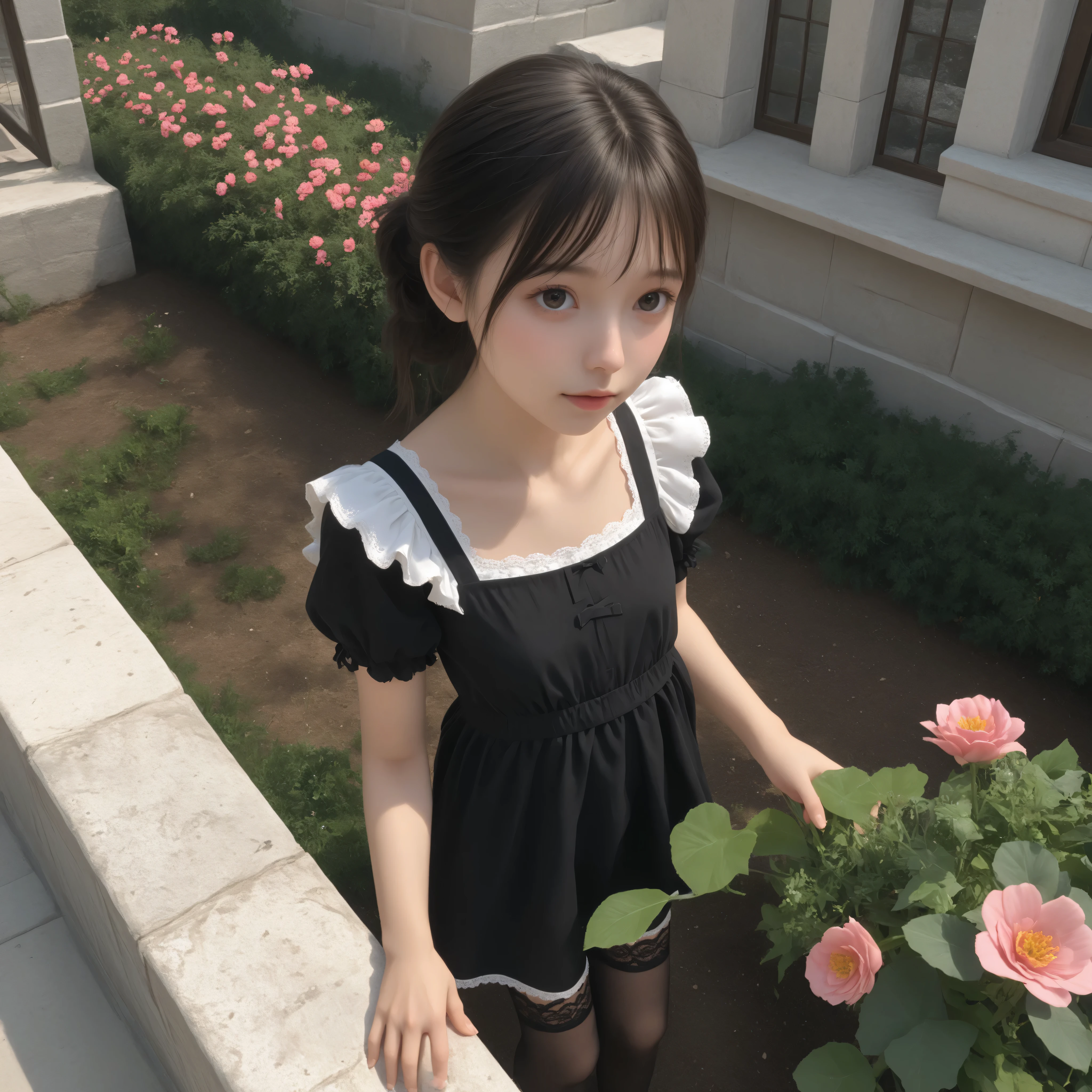 1 Girl、maids,Look at the audience,(skinny:0.51),(younger:0.40),from above,lean forward,is watering flowers outside the mansion,japanese,(smile Yang:0.00),black lace stockings