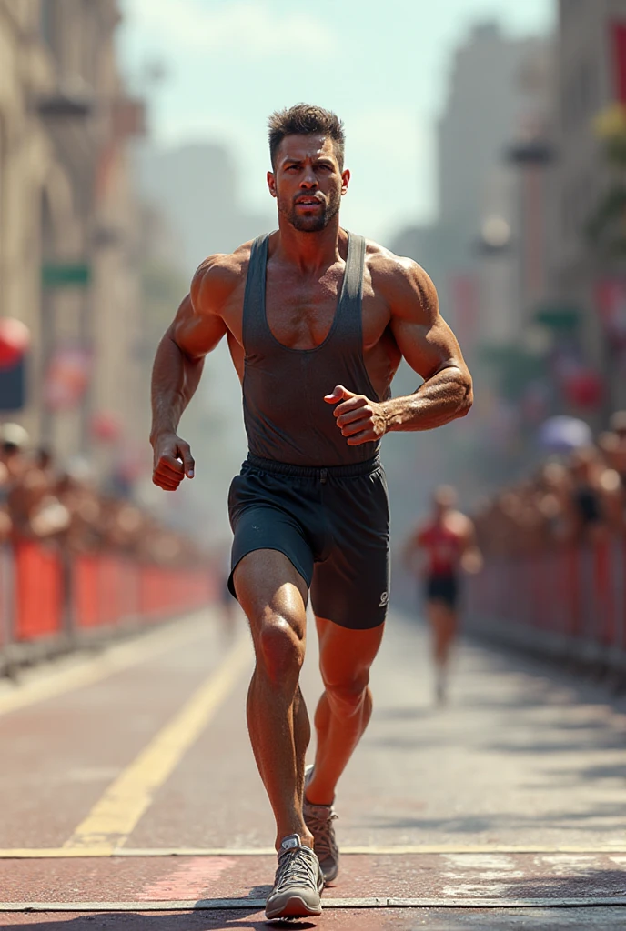 photorealistic, best quality, masterpiece, extremely detailed, , homoerotic, extremely handsome, youthful, 25 year old muscular korean man, ((muscular bodybuilder)), ((massive thighs)), tight , big bubble , very sweaty, looking back at camera, big smile, happy, running at park, side view, extremely romantic atmosphere, perfect face, perfect fingers, perfect hands, perfection