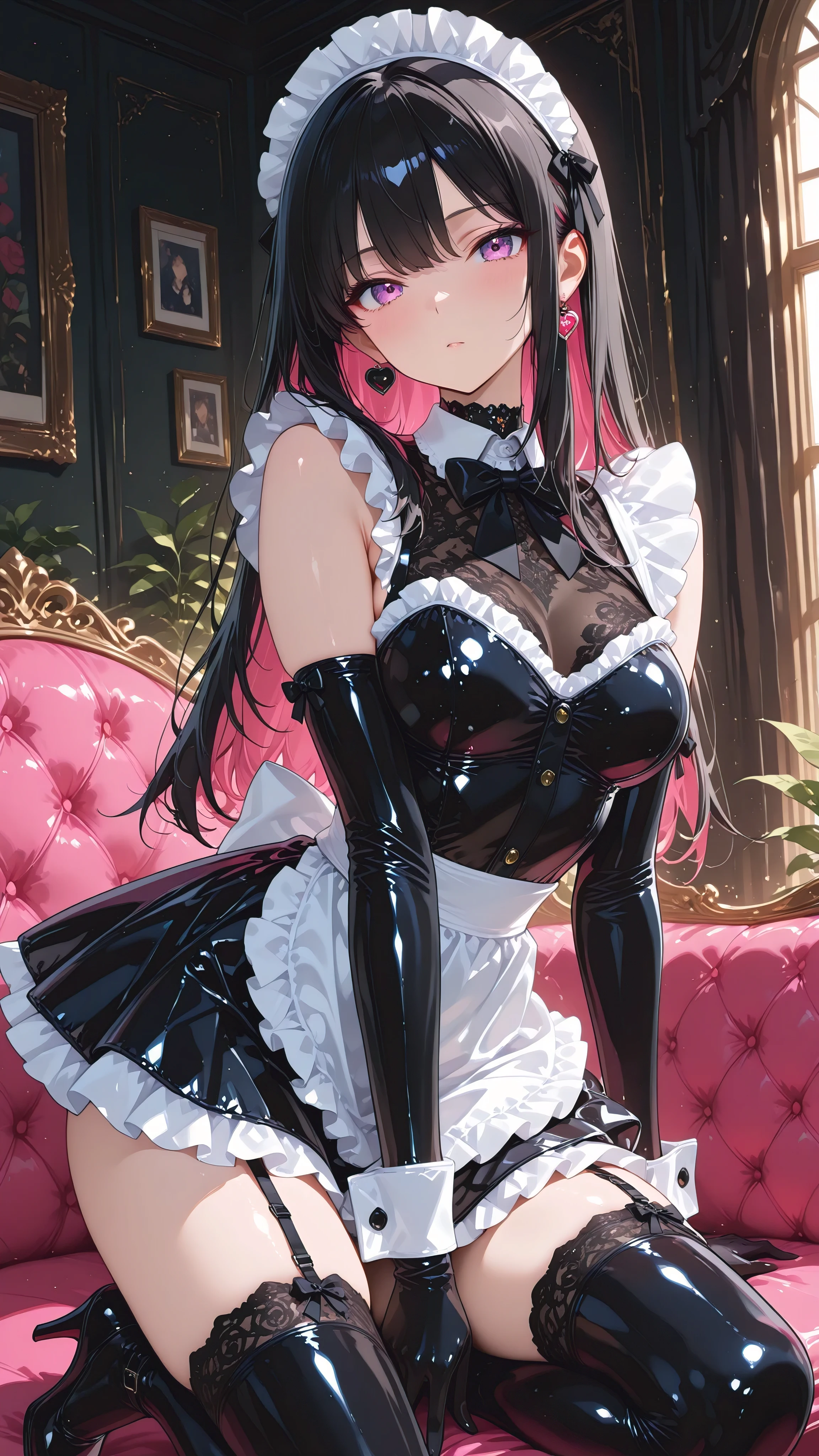 (masterpiece, best quality, ultra-detailed, 8k, anime style), glossy black latex girl outfit with white frilled trim, sleeveless, sweetheart neckline, short latex skirt with white frilled apron,white frilled headpiece,sheer lace halter-neck (underlayer), white collar with black bowtie, white cuffs with black buttons, sheer black lace-top stockings,black high heels