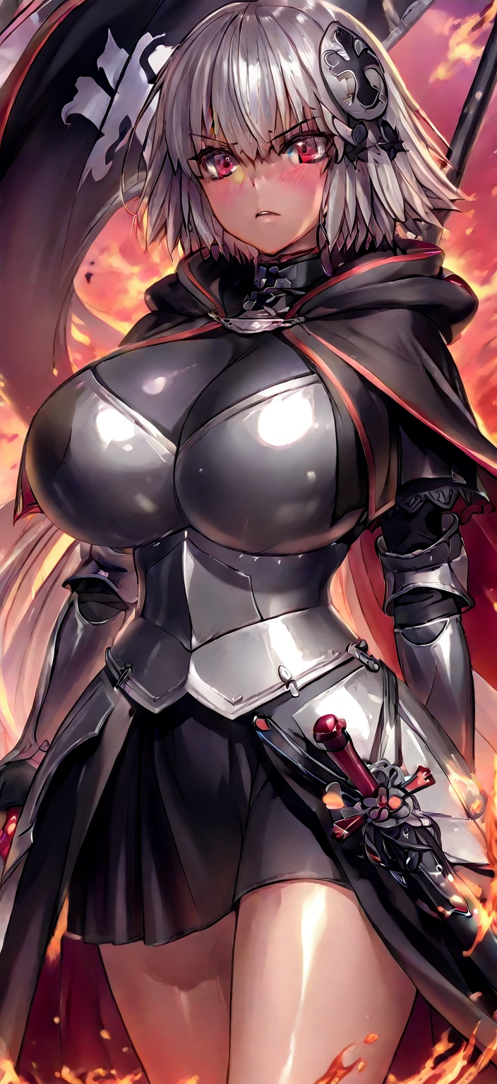 Adult female with white hair and big breasts，slim figure，Queen，black knight armor，iron skirt，thin legs，iron boots，Standing，castle