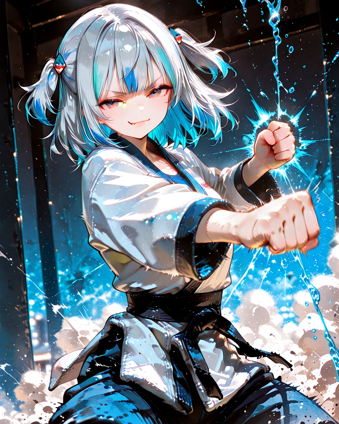 Criança;
naughty girl;
Wolf ears and tail;
Long messy hair;
gray hair;
Kimono with lightning cloud details;
Rays around the body;
It's in a black space full of clouds forming;
Sky blue eyes;
No fundo tem o espaco sideral com uma dimensão se formando
Galaxia