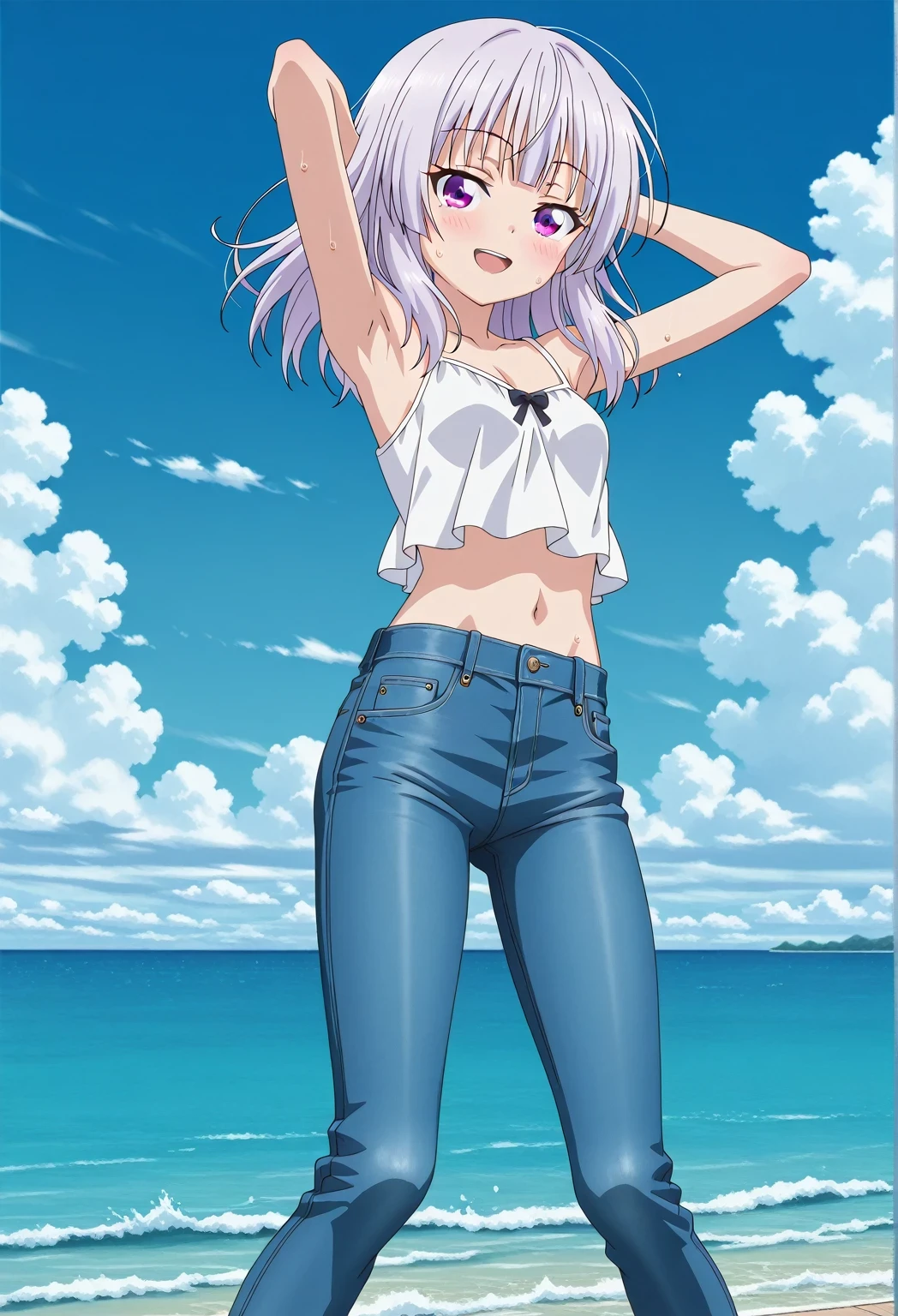 score_9, score_8_up, score_7_up, source_anime, highres, hi res, ((best quality, top quality, perfect quality, Highest Quality, amazing quality)), {{masterpiece}}, {{an extremely delicate and beautiful}}, 2d, intricate details, official style, anime, 8k, anime style, official_anime, official art, digital painting, cell shading, soft shading, high resolution, soothing tones, Subdued Color, Soft cinematic light, adobe lightroom, photolab, HDR, intricately and hyper-detailed, ((high quality animation)), 1 girl, Alone, solo, ((ocean)), tsunami, on the water, day, sunny, outdoors, sky, windy, arisu sakayanagi, sakayanagi arisu, long hair, bangs, purple eyes, white hair, blunt bangs, anime screencap, small breasts, white camisole top, crop top, white crop top, best quality, hyper-detailed jeans, ((blue jeans:1.9)), (dark blue jeans:0.6), full medium body, medium shot, Open mouth, smiling, happy face, blush, sweat, standing, ((arms behind head:6.0)), bowlegged, jumping pose, action, looking at viewer, spread legs, Bend knees slightly, straight-on front view