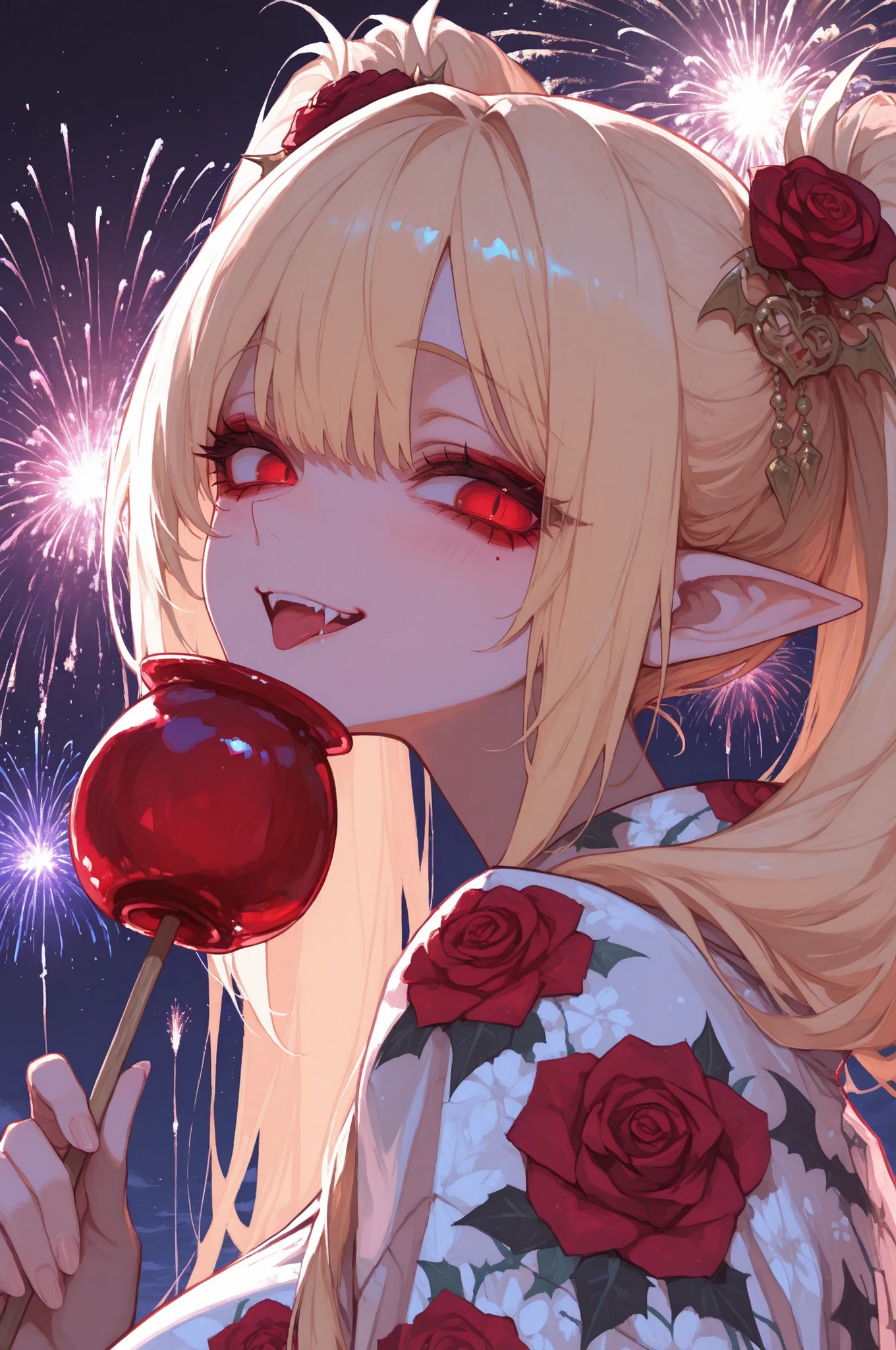 1girl, close-up, upper body, beautiful woman, vampire, colorful rose yukata, looking back over her shoulder, cool and mysterious expression, pointed ears, beautiful hair ornaments, blonde twintails, red eyes, vampire fangs, holding a glossy red candy apple close to her face with one hand, vibrant fireworks illuminating the night sky behind her, soft warm light on her face from the fireworks, huge breasts, sharp focus, upper body only, masterpiece, best quality, 
