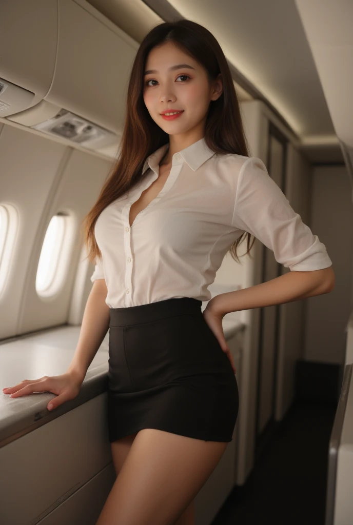????, 8K Raw photograph, quality, masterpiece, 超高分辨率, Film Particle, cinematic ligh, 1 girl in, Look at the audience and smile, Natural skin texture, Beautiful eyes and facial details, 's plump lips, lipstick makeup), Red Eyeshadow, Short fluffy hair, hair messy, A smile, Shut your mouth, pretty legs, Tall lady, skiny, Slim_leges, report,  Position your ???? towards you,  beautiful natural place, Around the position of the flower, (detailed airplane background),, ((Flight attendant:1.10))、 ((airplane background)), bblurry, fail, By bangs, jewely, Open lips, cparted lips, seen from the front, Depth of field lacks tight cabin crew)、Permanent、shot from afar、