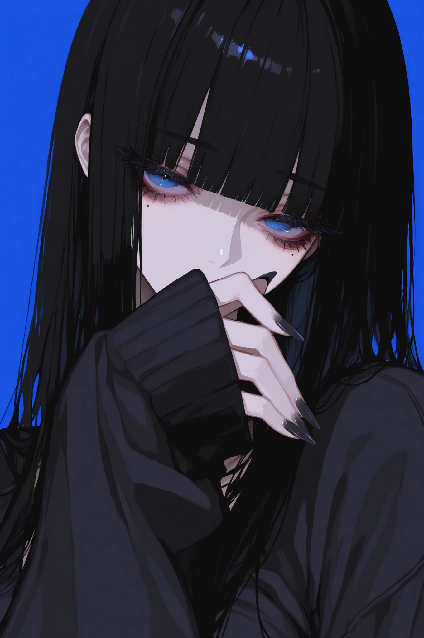 masterpiece, best quality, 1girl, solo, bangs, mole under eye, black nails, blunt bangs, mole, blue background, simple background, black hair, looking at viewer, eyelashes, fingernails, nail polish, covered mouth, portrait, long hair, long fingernails, long sleeves, hand up, close-up, sleeves past wrists, blue eyes, gigantic breasts