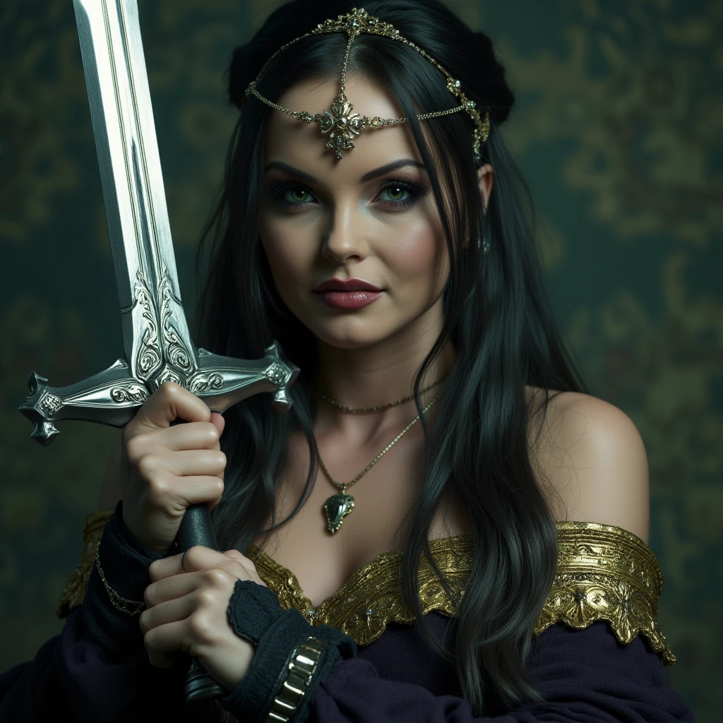 "A beautifully illustrated fantasy book cover featuring a regal young woman in an elegant, off-shoulder blue ball gown with silver embroidery. She has long, flowing wavy brown hair, wears a delicate silver tiara, and stands gracefully with hands folded. Her expression is calm and mysterious. Behind her, slightly blurred, stands a tall prince in a dark royal uniform with gold shoulder decorations, holding a sword. The background is a mystical forest bathed in soft, magical morning light with hints of fog, creating a fairytale atmosphere. No frame or border, full focus on characters and background."