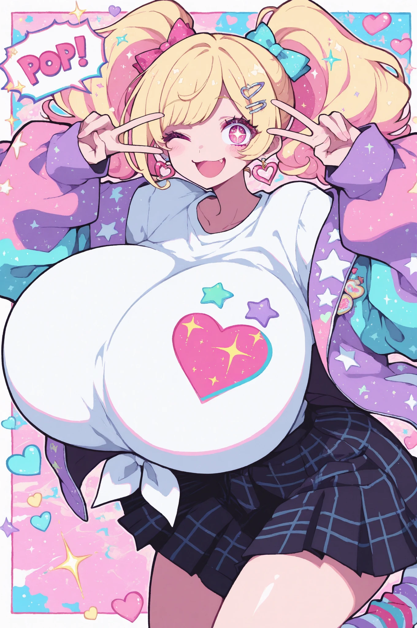 1girl, blonde, pink eyes, gigantic breasts,
a cheerful pop-style girl jumping with joy, winking and giving a peace sign,  
her outfit is a colorful ensemble with mismatched patterns: plaid skirt, star-print jacket, striped socks,  
her twintails are high and fluffy, tied with oversized bows, flowing dynamically,  
big sparkling eyes, lots of accessories like badges, hair clips, heart earrings,  
background is filled with floating shapes: stars, hearts, , sparkles, and speech bubbles,  
bright pastel color palette, pop-art inspired, energetic and playful mood
(masterpiece, best quality, anime style, ultra-detailed, colorful illustration), 
