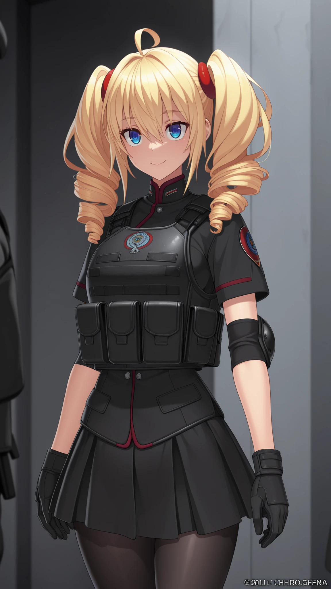absurdres, (((Ultra HD))), (((Ultra High Quality))), ((hyper detailed)), ((Ultra High Resolution)), (Highly rendered), ((detailed eyes)), (((8K))), ((perfect face)), ((masterpiece)), cinematic, solo, 1girl, tall, smile, cowboy shot, Ravel Phenix, drill hair, twintails, blonde hair, blue eyes, ahoge, hair scrunchie, red scrunchie, black military combat uniform, black jacket, short sleeves, gloves, elbow pads, black skirt, black pantyhose, soldier, bulletproof vest