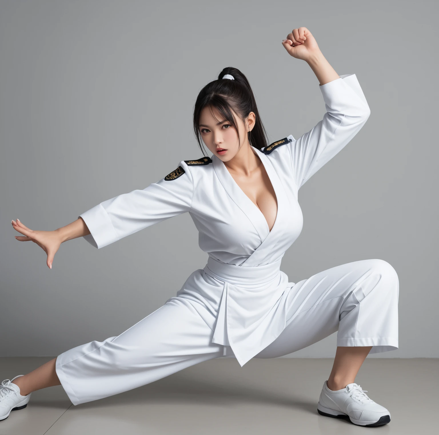 large breasts, 8K quality, Picture, One pretty girl martial artist, (she is wearing a uniform and is getting high kicks during the game), (The Woman's Breasts Are High and Round Big Breasts), 