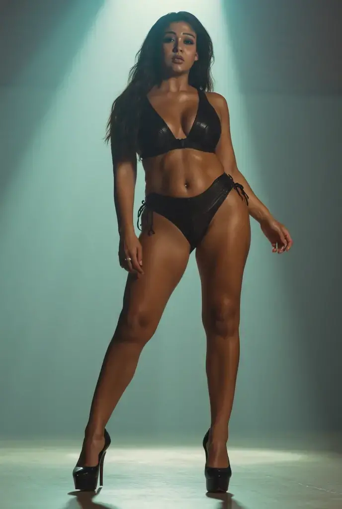 Rihanna standing upright, wide ????, big black ?????, cellulite, thick thighs, realistic , detailed skin texture, professional portrait, high quality, detailed, earthy tones, natural lighting