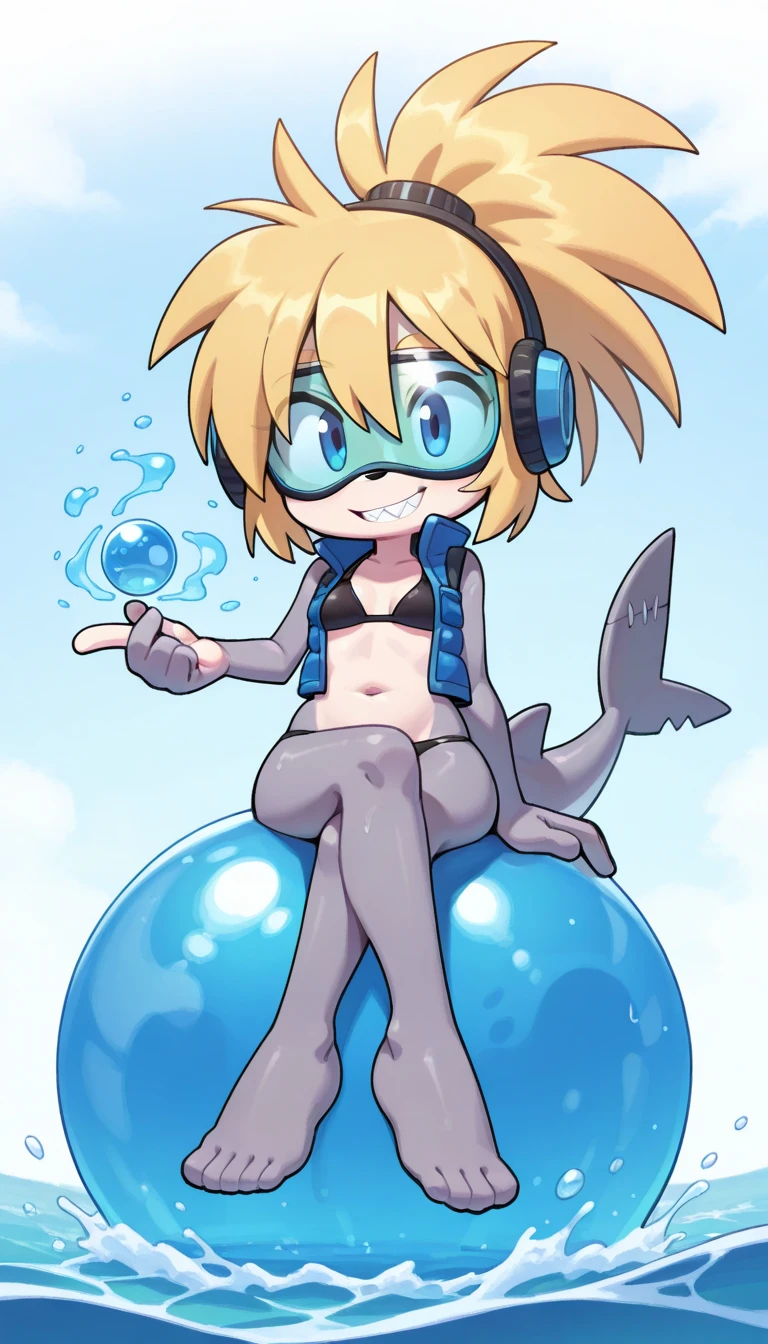 Shark girl, anthro, young, cute hair, long ponytail, blonde hair, blue eyes, medium breasts, detailed body, furry ears, shark nose, blue vest, open clothes, black bikini, masterpiece, looking at you, two tone body skin, gray body skin, clear gray body skin, detailed face, detailed eyes, detailed body, perfect lighting, perfect shadows, perfect eyes, perfect hair, perfect face, gorgeous body, detailed hands, glistering body, shiny body, skinny, spectacular effect, goggles, fangs, :3, full body, feets whit three toes, underwater, Atlantis, holding a trident, big trident, action stance,