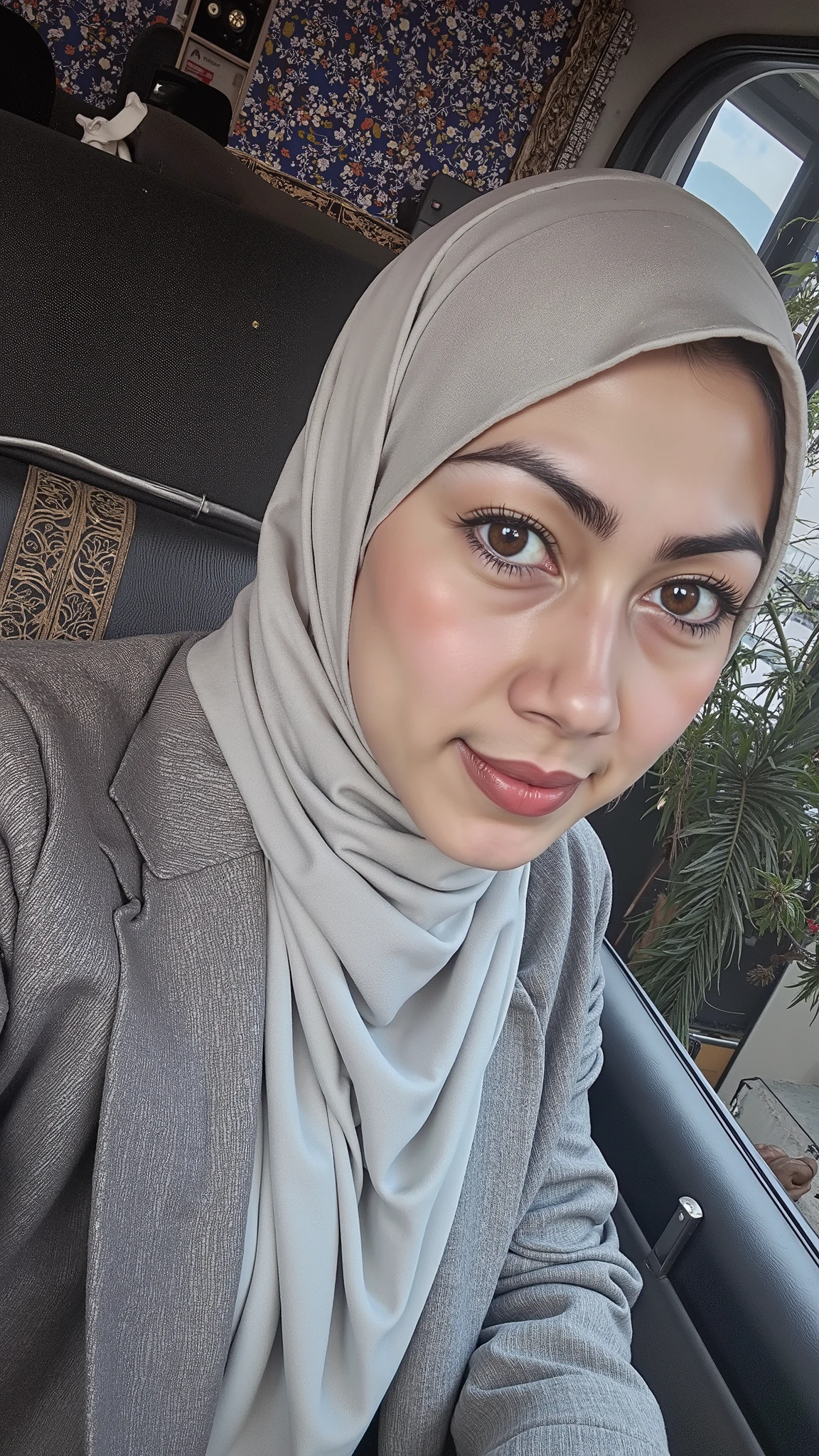 hyper HD, Masterpiece, Textured skin, 4K, Best quality of potrait a Beautiful hijab asian woman white fairy skin wearing dress , close-up half body , perfect hijab, detail veil , hyper realistic scarf and ornate on her side big back head hijab on likely hijab bun style , happy vibes, beauty smile , open mouth showing teeth , smiling confident , huge breast , perfect hands , auto correct detail fingers.