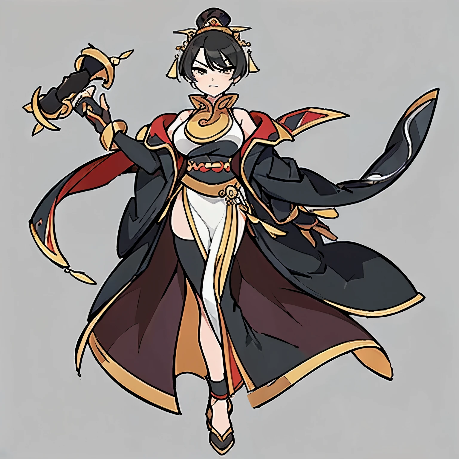 (((Top quality))) , ((full body)), female,  References , alone, (white background),  catching a cane , Portrait with a coat of gloves , ((Chinese Three Kingdoms costumes)), Chest exposure, Big breasts, side slit skirt, (((black hair)))