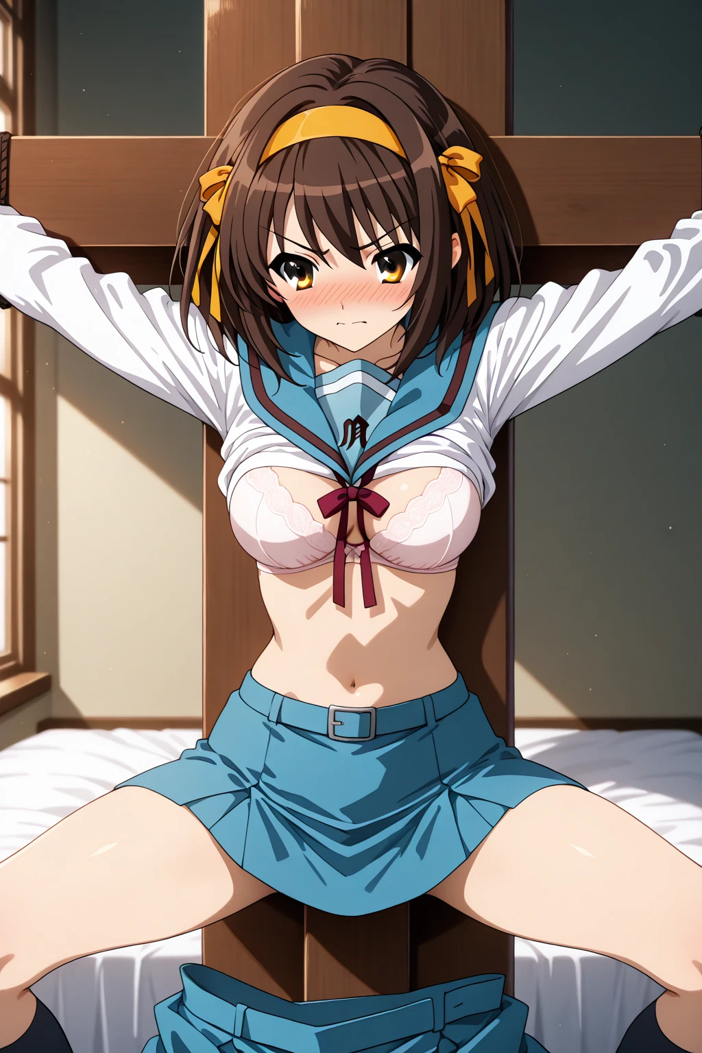 1990s,(style), (cel anime:1.1), official art,extremely detailed CG unity 8k wallpaper, perfect lighting,Colorful, Bright_Front_face_Lighting, (masterpiece:1.0),(best_quality:1.0), ultra high res,4K,ultra-detailed, photography, 8K, HDR, highres, absurdres:1.2, Kodak portra 400, film grain, blurry background, bokeh:1.2, lens flare, (vibrant_color:1.2),(from very below,ceiling:1.2),perfect ???????,???????:1.3,brown hair,long hair,yumi sayaka, (cute cheerleader uniform,micro miniskirt:1.3) (knee boots:1.1), choker, white gloves, choker, elbow gloves, jewelry, earrings, cowboy shot, 1990s,(style), indoors, (shiny skin), ??????????????,1990s,(style),(frown,shame, embarrassed,furrowed brow,opened eyes tightly,clench teeth,closed mouth,full-face blush,:1.3) ,arms up,???????,(??????? over clothes:1.5),????,(bound wrists together:1.1),panties,????????, ??????,(leg up,stand split leg, i-balanced,toe up, show white-high-cut-????? from micro-miniskirt:1.4),arched back,panties focus,pectoral cleavage,gipple,standing,