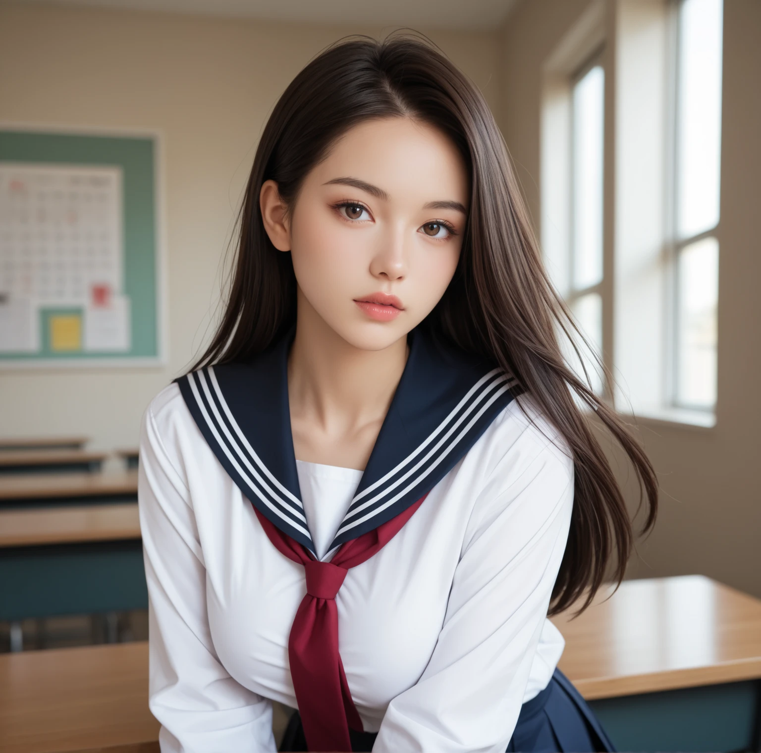 8K quality, Picture, One beautiful girl in a girls' high school uniform, (Her eyes are big, beautiful, and shining:1.2), (The Woman's Breasts Are High and Round Big Breasts), brunette