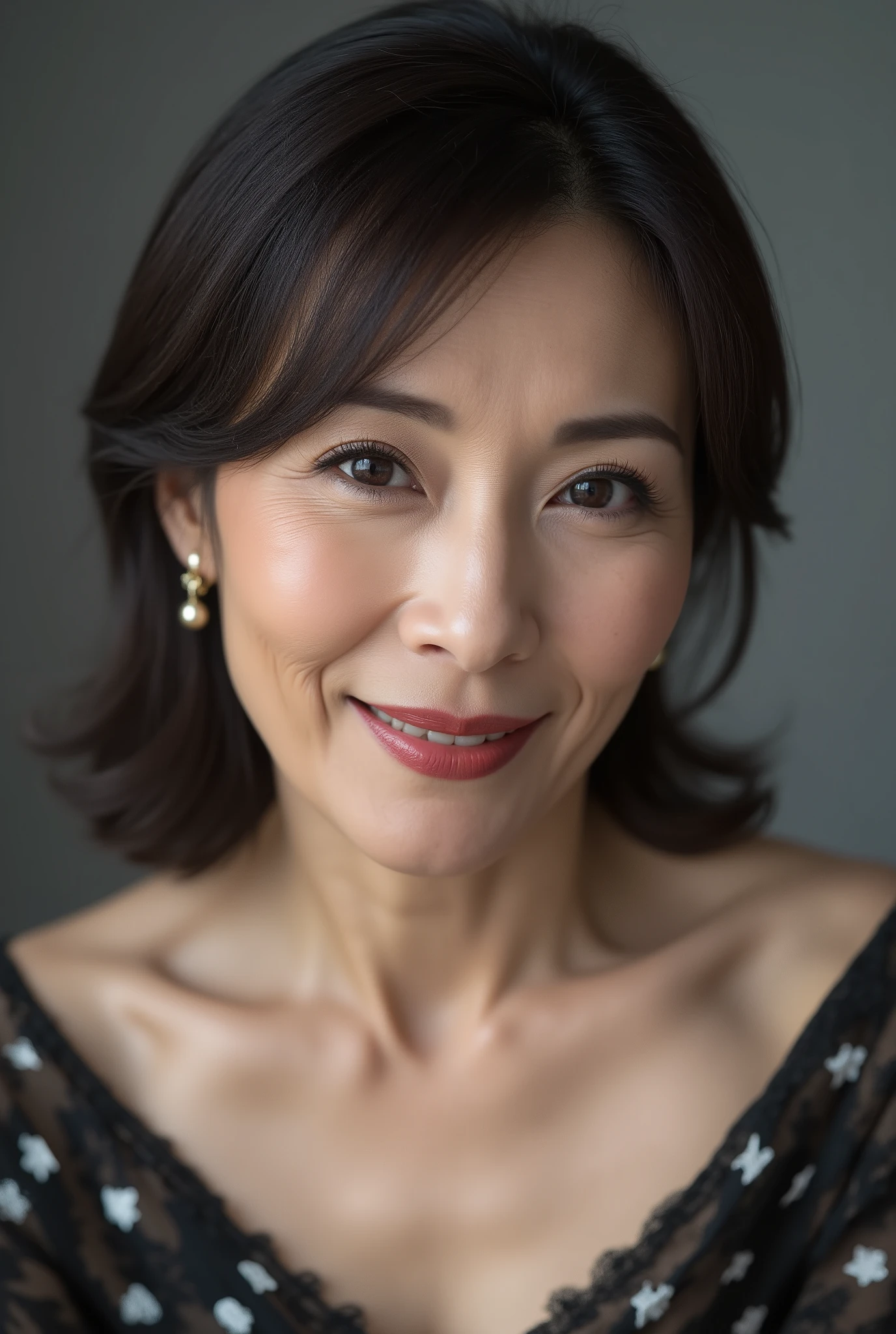 mature Japanese woman, 48 years old, ultra realistic, high resolution, close-up, masterpiece, cinematic lighting, Modern Makeup, bold eyeliner, Matte Red Lipstick, Smart Look , The smoky gray background , I tilted my head slightly, looking away from the camera、facing up, soft depth of field, perfect skin texture, elegant, refined, can't see hands, upper body only, sharp focus controlled by the master, photo-realistic, but classy, high resolution, hyper-realistic, (edition of:1.4), (realistic:1.2), (photo-realistic:1.37), (close-up:1.3), (48 years old:1.4), (Elegant laugh wrinkles:1.5)