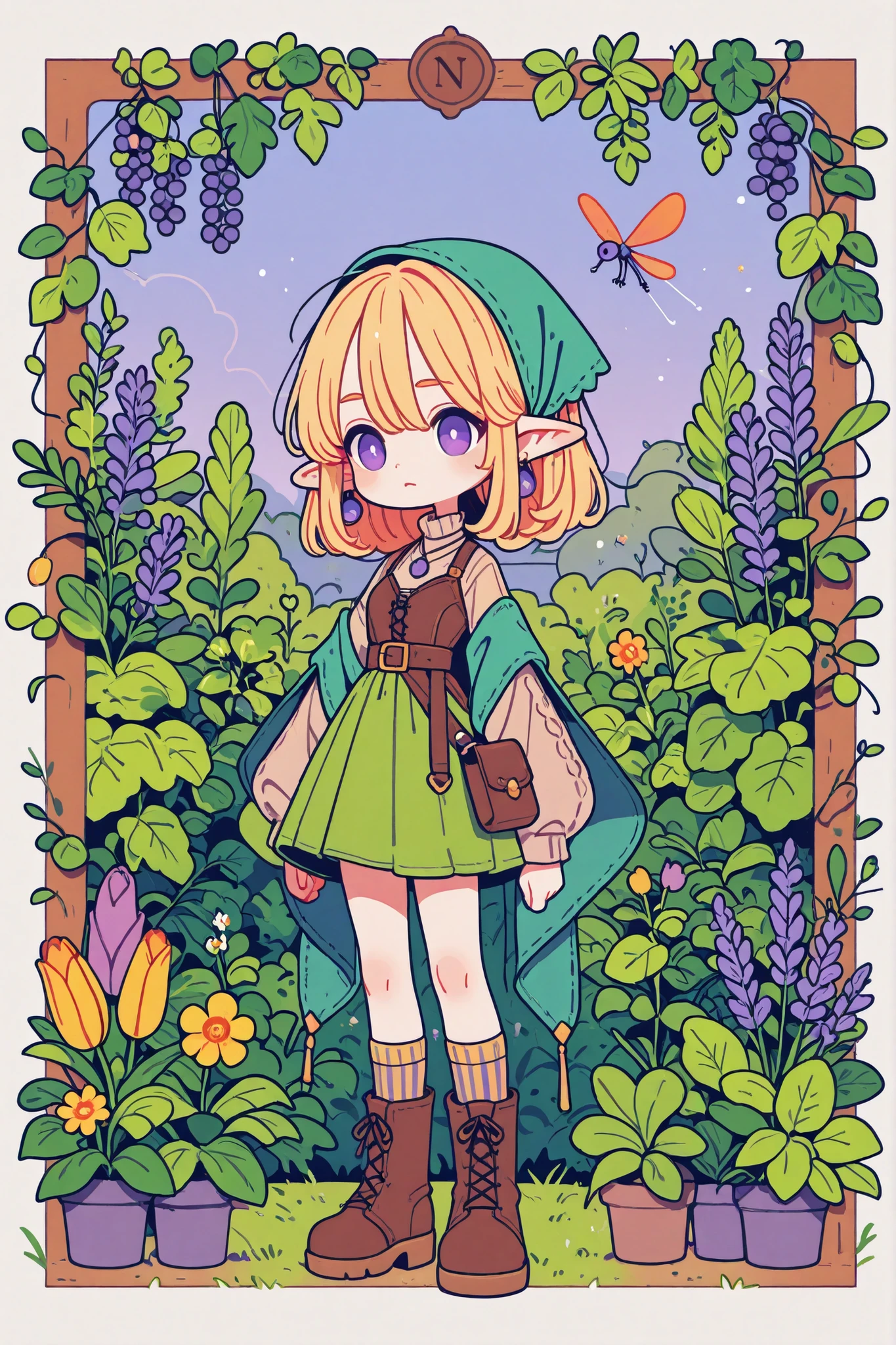 (novuschroma15 style,)(Chibi) Tooth faèrie princess. She has tall, thin miniature physique. She has holographic dragonfly wings. She has pale ivory skin and long pointy elf ears. Her eyes are sky-blue. She has long golden-blonde ringlet loose hairstyle decorated with wildflowers. She is dressed in fantasy medieval style: She wearing a vintage lace undergarment over it a knitted beige top with long elvish sleeves. She's wearing a brown leather corset-belt. She wears a marsh-green long tulip skirt. She's wearing striped beige tattered knee socks, and ankle-high chunky brown lace-up boots with daisies, cornflowers, lavender sticking out of boots. She wears earrings and a pendant with blue crystal beads. She wearing a green shawl and a head kerchief (headscarf) with nature ornament. (On the background: The small two-storey overgrowth with multicolored flowers cottage in the style of fantasy, hedge of climbing plants wild grapes.)