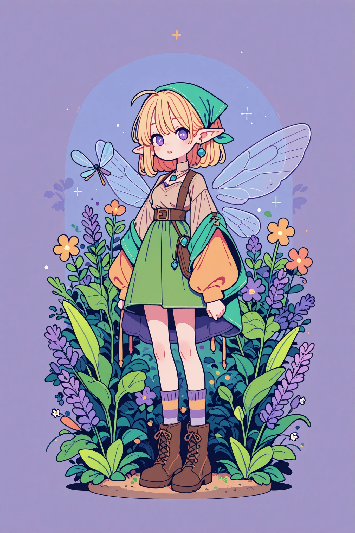 (novuschroma15 style,)(Chibi) Tooth faèrie princess. She has tall, thin miniature physique. She has holographic dragonfly wings. She has pale ivory skin and long pointy elf ears. Her eyes are sky-blue. She has long golden-blonde ringlet loose hairstyle decorated with wildflowers. She is dressed in fantasy medieval style: She wearing a vintage lace undergarment over it a knitted beige top with long elvish sleeves. She's wearing a brown leather corset-belt. She wears a marsh-green long tulip skirt. She's wearing striped beige tattered knee socks, and ankle-high chunky brown lace-up boots with daisies, cornflowers, lavender sticking out of boots. She wears earrings and a pendant with blue crystal beads. She wearing a green shawl and a head kerchief (headscarf) with nature ornament. (On the background: The small two-storey overgrowth with multicolored flowers cottage in the style of fantasy, hedge of climbing plants wild grapes.)