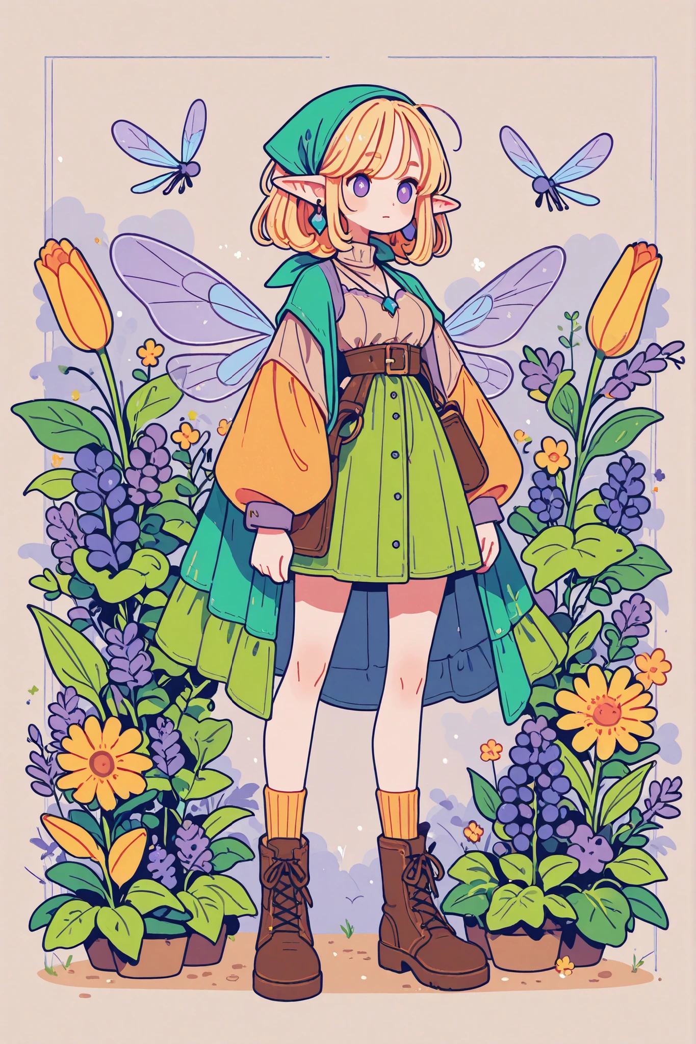 (novuschroma15 style,)(Chibi) Tooth faèrie princess. She has tall, thin miniature physique. She has holographic dragonfly wings. She has pale ivory skin and long pointy elf ears. Her eyes are sky-blue. She has long golden-blonde ringlet loose hairstyle decorated with wildflowers. She is dressed in fantasy medieval style: She wearing a vintage lace undergarment over it a knitted beige top with long elvish sleeves. She's wearing a brown leather corset-belt. She wears a marsh-green long tulip skirt. She's wearing striped beige tattered knee socks, and ankle-high chunky brown lace-up boots with daisies, cornflowers, lavender sticking out of boots. She wears earrings and a pendant with blue crystal beads. She wearing a green shawl and a head kerchief (headscarf) with nature ornament. (On the background: The small two-storey overgrowth with multicolored flowers cottage in the style of fantasy, hedge of climbing plants wild grapes.)