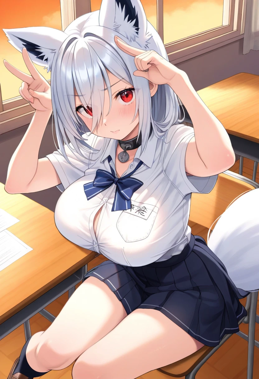 ((1 girl))、(smile:1.5)、small ???????の???、（cowboy shot）、(fun!!)、(white cardigan:1.5)、(blush:1.5)、(silver hair)、????? roll-up clothing,pull clothes，((flat ?????:1.3))、((I can see your ???????:1.5))，(dog ears), ??????, (black skirt)，look down, ((classroom:1.5))Upper body，classroomのシャツロールアップシャツセーター高解像度，look down, Upper body，Fair skin,classroom，small ???????，????????????、long hair、light blue eyes