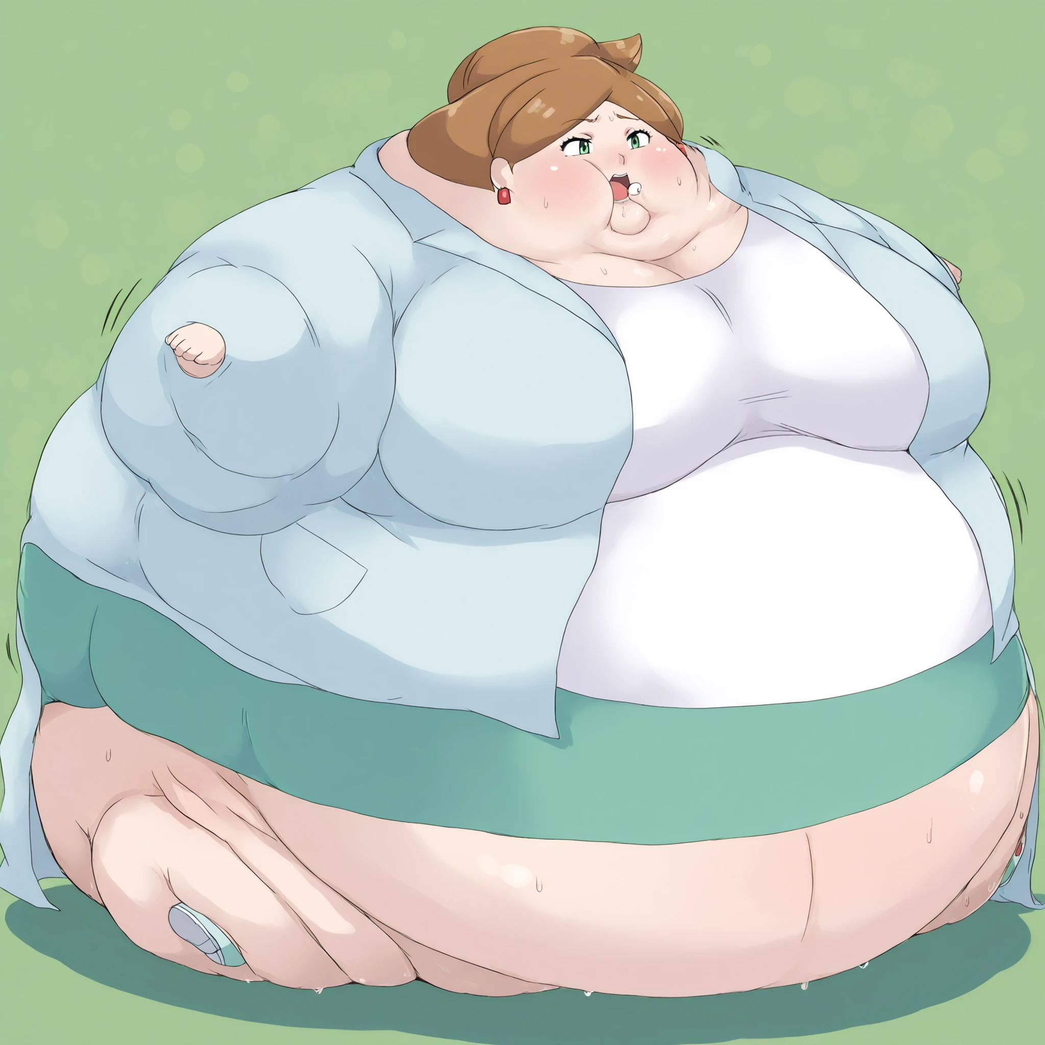 1girl, solo, c-juniper, mature female, green eyes, hair bun, brown hair, lab coat, green skirt, earings, white shirt, long sleeves, ,  fat, chubby, obese, gigantic arms and legs, large breasts, sweating, wet body, swollen face, Fat_neck , Fat head , eyes with crushed cheeks , nose with crushed cheeks , mouth with crushed cheeks , chin roll, sphere_tf
mini limbs
only head, sphere body, top view 