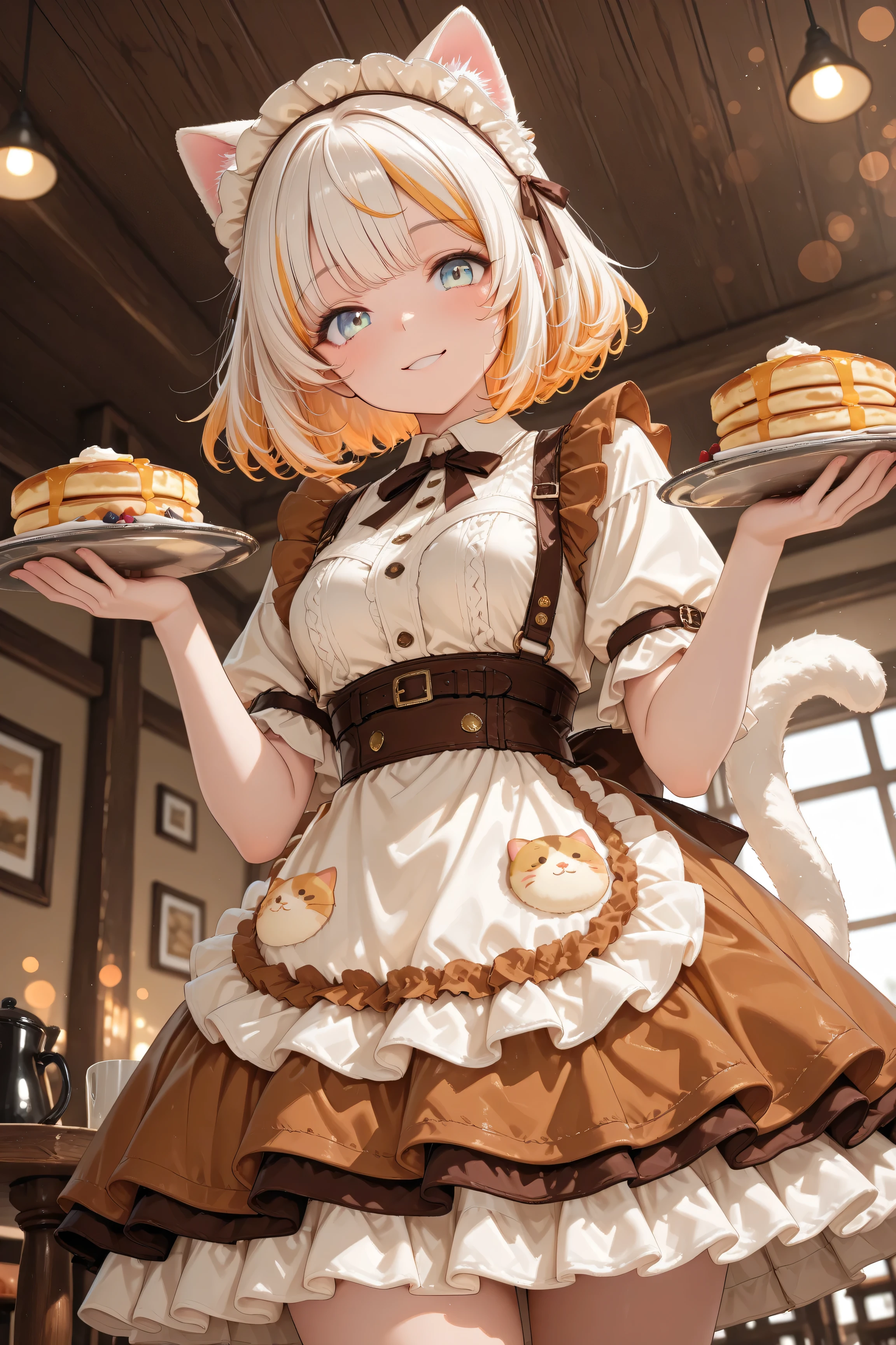anime catgirl with fluffy cream-colored hair, round cat ears, plush tail, wearing a pancake-inspired layered dress with syrup and butter motif, holding pancakes forward, cheerful smile, low-angle shot, cozy café background, soft cinematic lighting, bokeh, ultra-detailed clothing