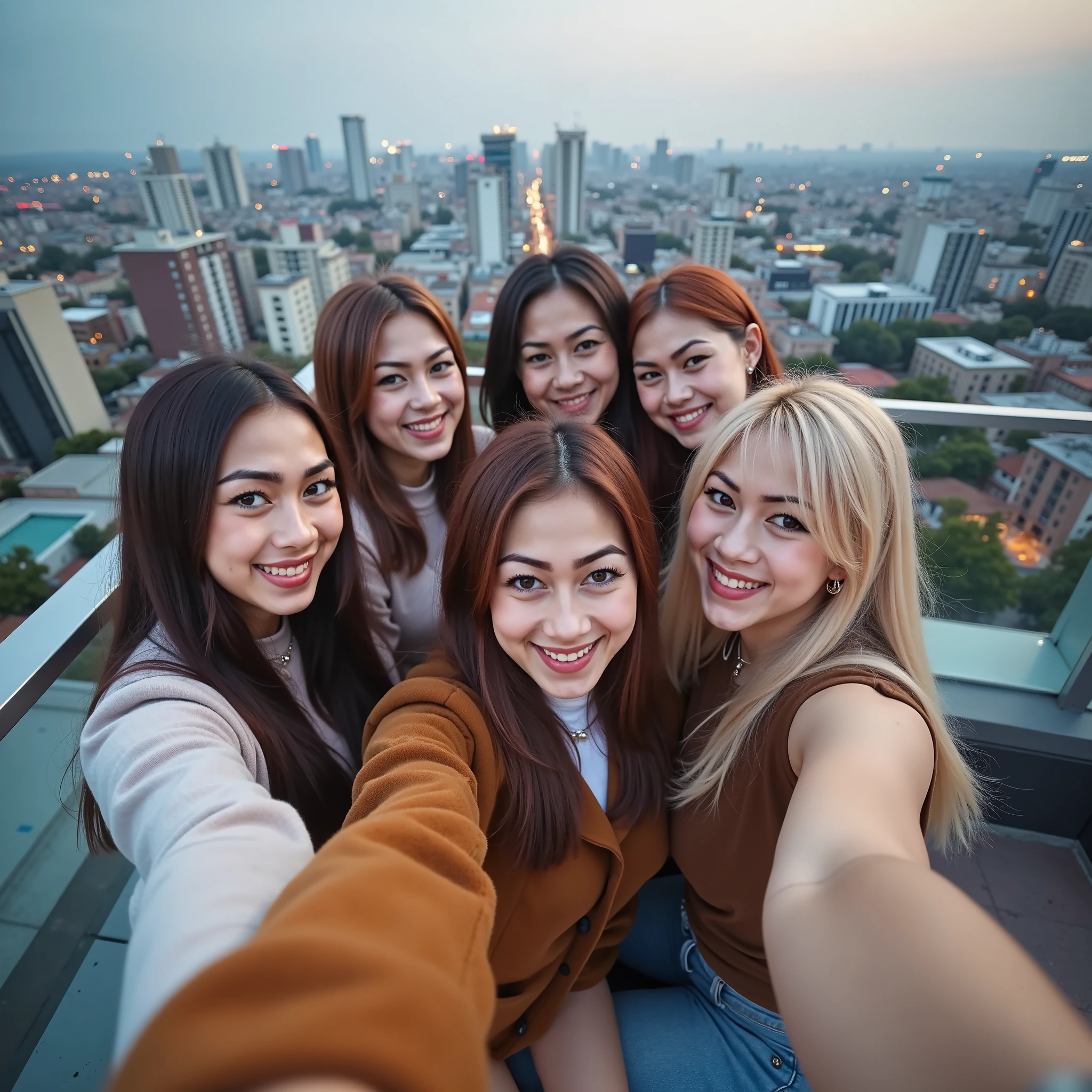 5 woman taking selfie at balcony roof top , background is city vibes