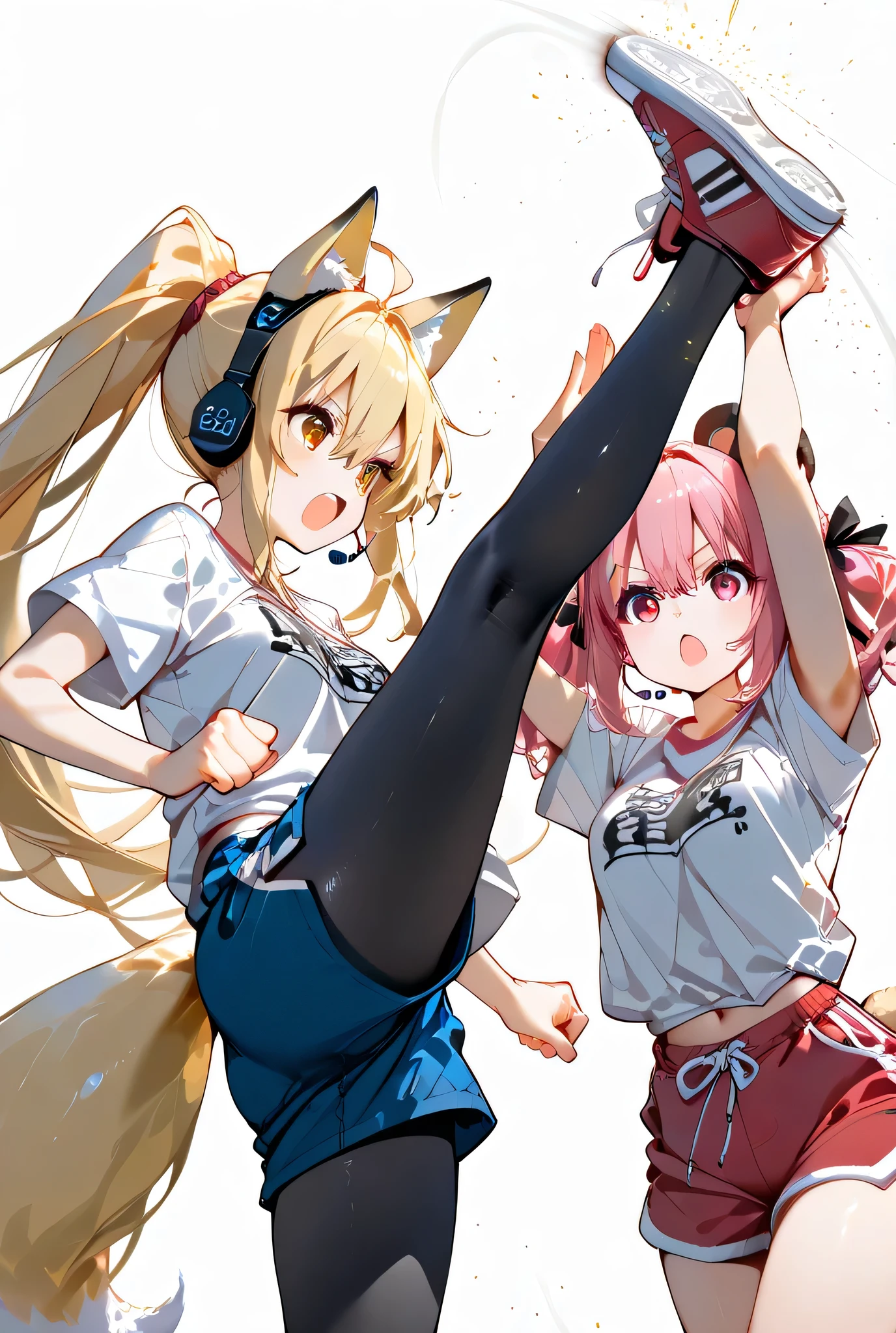 two girls with sufficient distance high kick above each other's heads、An impactful moment when they compete against each other、
Yoko：Blonde with fox ears、side twin tail、 Amber Eyes、Fluffy Fox's Tail、headset、Yellow t-shirt with blue shorts、Black Stockings、red sneakers、
ponko：pink hair and roundish raccoon ears、twin ponytail、Pink Eyes、headset、pink t-shirt with red shorts、white sneakers、
high kick impact effect、Sparks scatter due to the impact of the kick、serious expression as of the year、
Highest Image Quality、Dynamic Action Scenes、cinematic camera、Kung Fu Action
