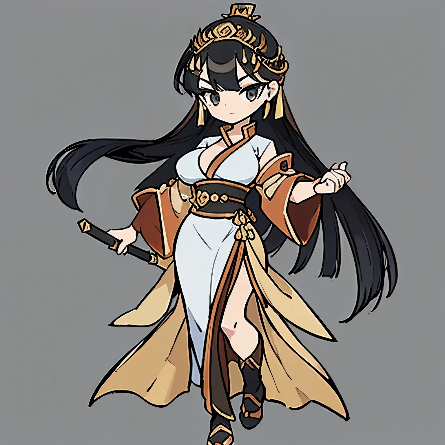 (((Top quality))) , ((full body)), female, References , alone, (white background), catching a cane ,Chinese Three Kingdoms costumes, Chest exposure, Big breasts, side slit skirt, (((black hair))),