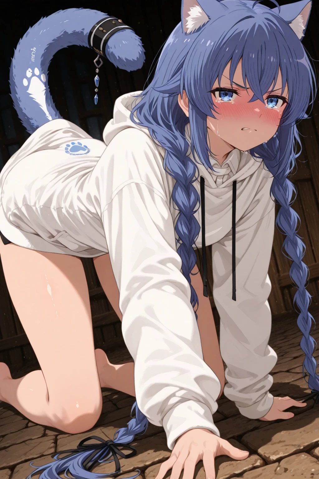 Roxy_Migurdia(Mushoku Tensei)、1 girl, masterpiece、highest quality、best image quality、vivid description、Focused、blue eyes、crimson blue hair、double big braids、{embarrassing}、{blush}、{{}}、satori、{drool from the mouth}、{Low - Angle}, {lower body}、{NSFW}, spread your legs,{{Depicts the whites of the eyes clearly and vividly}},{{masturbation}}、{{put your hand inside your panties}}、spread your legs,white panties,{{touch the   with your hand}}、Open your、butthole、A large amount of  drips from the pussy.、small puddle under the cat、belly button、stick out tongue、white breath
