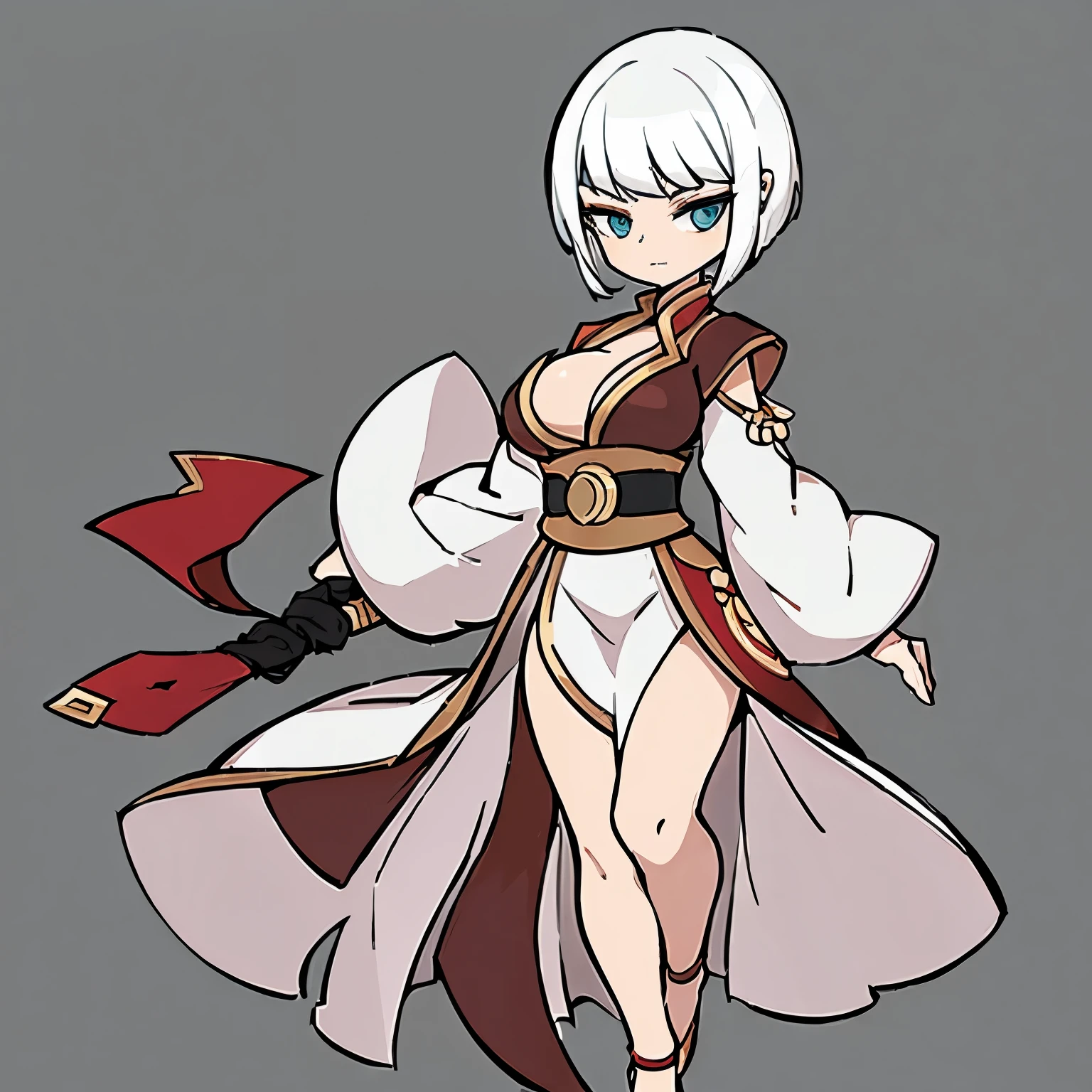 (((Top quality))) , ((full body)), female, References , alone, (white background), catching a cane ,Chinese Three Kingdoms costumes, Chest exposure, Big breasts, side slit skirt, (((White hair))), (((short hair without pattern)))