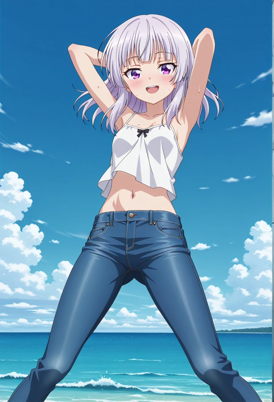 score_9, score_8_up, score_7_up, source_anime, highres, hi res, ((best quality, top quality, perfect quality, Highest Quality, amazing quality)), {{masterpiece}}, {{an extremely delicate and beautiful}}, 2d, intricate details, official style, anime, 8k, anime style, official_anime, official art, digital painting, cell shading, soft shading, high resolution, soothing tones, Subdued Color, Soft cinematic light, adobe lightroom, photolab, HDR, intricately and hyper-detailed, ((high quality animation)), 1 girl, Alone, solo, ((ocean)), tsunami, on the water, day, sunny, outdoors, sky, windy, arisu sakayanagi, sakayanagi arisu, long hair, bangs, purple eyes, white hair, blunt bangs, anime screencap, small breasts, white camisole top, crop top, white crop top, best quality, hyper-detailed jeans, ((blue jeans:1.9)), (dark blue jeans:0.6), full medium body, medium shot, Open mouth, smiling, happy face, blush, sweat, standing, ((arms behind head:6.0)), bowlegged, jumping pose, action, looking at viewer, spread legs, Bend knees slightly, straight-on front view