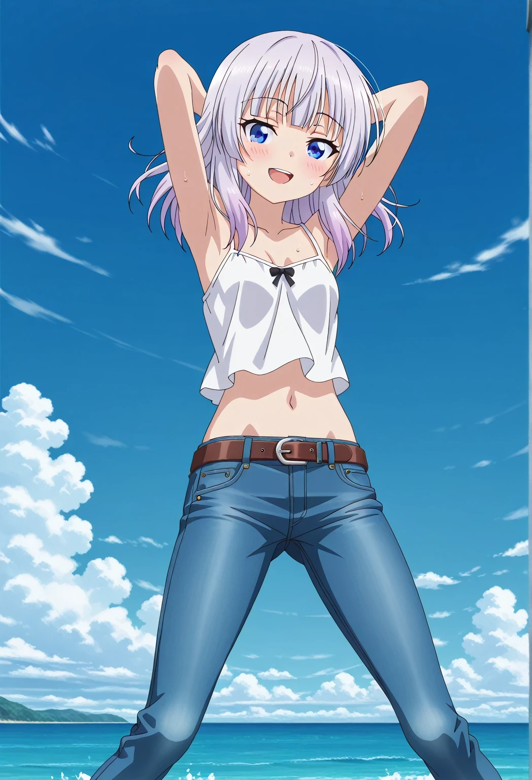 score_9, score_8_up, score_7_up, source_anime, highres, hi res, ((best quality, top quality, perfect quality, Highest Quality, amazing quality)), {{masterpiece}}, {{an extremely delicate and beautiful}}, 2d, intricate details, official style, anime, 8k, anime style, official_anime, official art, digital painting, cell shading, soft shading, high resolution, soothing tones, Subdued Color, Soft cinematic light, adobe lightroom, photolab, HDR, intricately and hyper-detailed, ((high quality animation)), 1 girl, Alone, solo, ((ocean)), tsunami, on the water, day, sunny, outdoors, sky, windy, arisu sakayanagi, sakayanagi arisu, long hair, bangs, purple eyes, white hair, blunt bangs, anime screencap, small breasts, white camisole top, crop top, white crop top, best quality, hyper-detailed jeans, belt, brown belt, ((blue jeans:1.9)), (dark blue jeans:0.6), full medium body, medium shot, Open mouth, smiling, happy face, blush, sweat, standing, ((arms behind head:6.0)), bowlegged, jumping pose, action, looking at viewer, spread legs, Bend knees slightly, straight-on front view