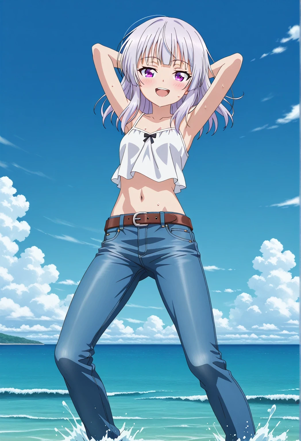 score_9, score_8_up, score_7_up, source_anime, highres, hi res, ((best quality, top quality, perfect quality, Highest Quality, amazing quality)), {{masterpiece}}, {{an extremely delicate and beautiful}}, 2d, intricate details, official style, anime, 8k, anime style, official_anime, official art, digital painting, cell shading, soft shading, high resolution, soothing tones, Subdued Color, Soft cinematic light, adobe lightroom, photolab, HDR, intricately and hyper-detailed, ((high quality animation)), 1 girl, Alone, solo, ((ocean)), tsunami, on the water, day, sunny, outdoors, sky, windy, arisu sakayanagi, sakayanagi arisu, long hair, bangs, purple eyes, white hair, blunt bangs, anime screencap, small breasts, white camisole top, crop top, white crop top, best quality, hyper-detailed jeans, belt, brown belt, ((blue jeans:1.9)), (dark blue jeans:0.6), full medium body, medium shot, Open mouth, smiling, happy face, blush, sweat, standing, ((arms behind head:6.0)), bowlegged, jumping pose, action, looking at viewer, spread legs, Bend knees slightly, straight-on front view
