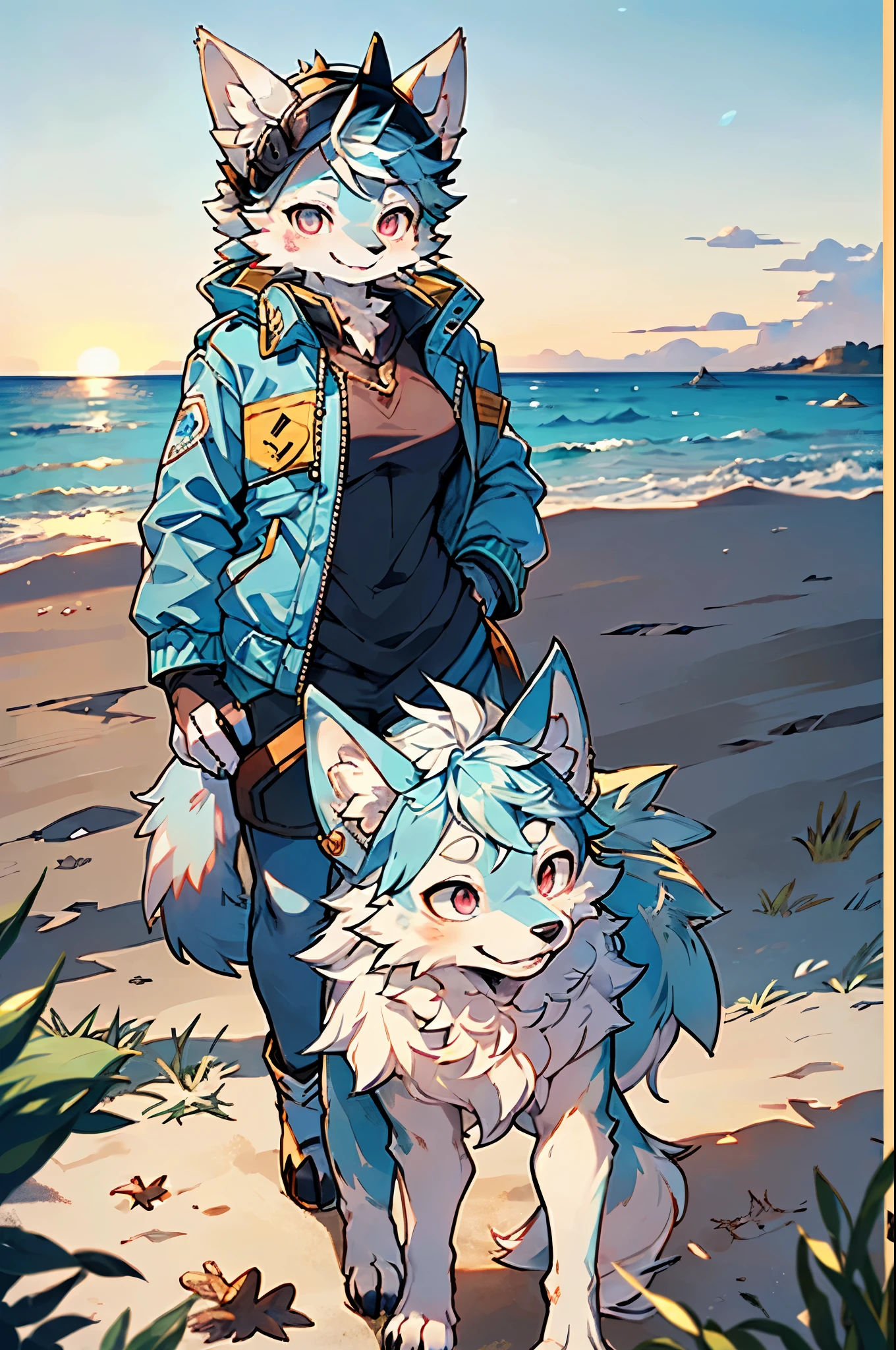 1 adult female、(Female wolf:1.5)、 (light blue fur:1.3)、 (Fluffy Tails:1.2)、small breasts、pink eyes、smile、blue earrings、Fluffy animal ears、riders jacket、black gloves、cowboy shot、((On the seashore))、Golden Hour sky