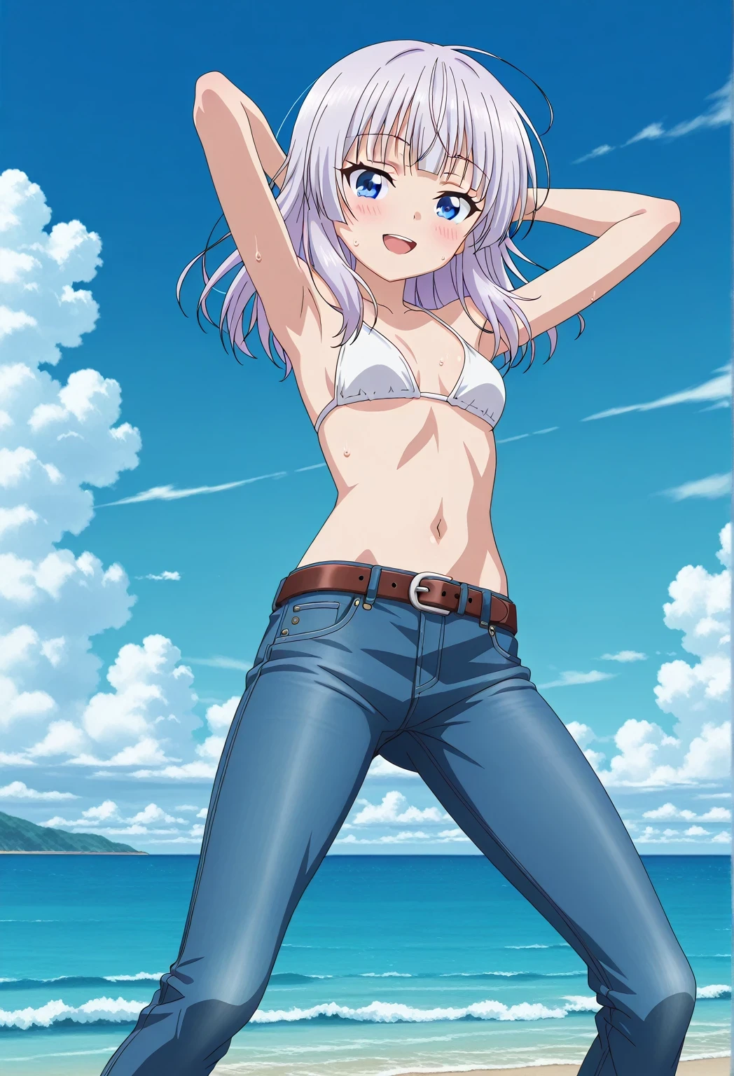 score_9, score_8_up, score_7_up, source_anime, highres, hi res, ((best quality, top quality, perfect quality, Highest Quality, amazing quality)), {{masterpiece}}, {{an extremely delicate and beautiful}}, 2d, intricate details, official style, anime, 8k, anime style, official_anime, official art, digital painting, cell shading, soft shading, high resolution, soothing tones, Subdued Color, Soft cinematic light, adobe lightroom, photolab, HDR, intricately and hyper-detailed, ((high quality animation)), 1 girl, Alone, solo, ((ocean)), tsunami, on the water, day, sunny, outdoors, sky, windy, arisu sakayanagi, sakayanagi arisu, long hair, bangs, purple eyes, white hair, blunt bangs, anime screencap, small breasts, white bikini top, best quality, hyper-detailed jeans, belt, brown belt, ((blue jeans:1.9)), (dark blue jeans:0.6), full medium body, medium shot, Open mouth, smiling, happy face, blush, sweat, standing, ((arms behind head:6.0)), bowlegged, jumping pose, action, looking at viewer, spread legs, Bend knees slightly, straight-on front view