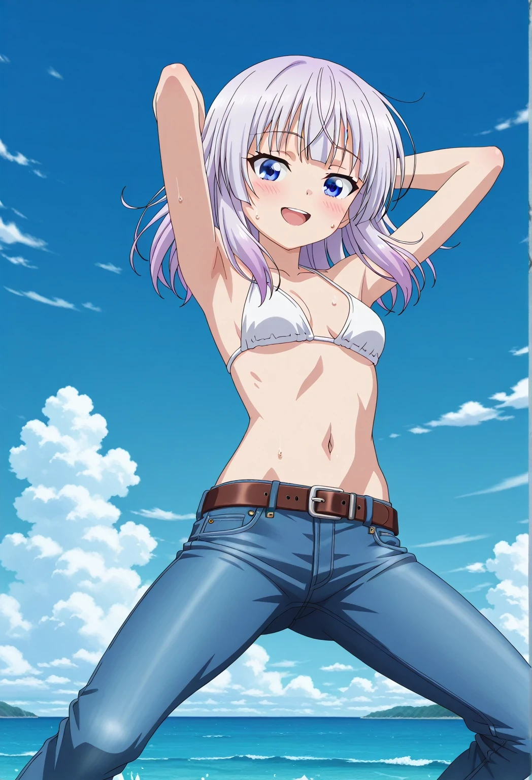 score_9, score_8_up, score_7_up, source_anime, highres, hi res, ((best quality, top quality, perfect quality, Highest Quality, amazing quality)), {{masterpiece}}, {{an extremely delicate and beautiful}}, 2d, intricate details, official style, anime, 8k, anime style, official_anime, official art, digital painting, cell shading, soft shading, high resolution, soothing tones, Subdued Color, Soft cinematic light, adobe lightroom, photolab, HDR, intricately and hyper-detailed, ((high quality animation)), 1 girl, Alone, solo, ((ocean)), tsunami, on the water, day, sunny, outdoors, sky, windy, arisu sakayanagi, sakayanagi arisu, long hair, bangs, purple eyes, white hair, blunt bangs, anime screencap, small breasts, white bikini top, best quality, hyper-detailed jeans, belt, brown belt, ((blue jeans:1.9)), (dark blue jeans:0.6), full medium body, medium shot, Open mouth, smiling, happy face, blush, sweat, standing, ((arms behind head:6.0)), bowlegged, jumping pose, action, looking at viewer, spread legs, Bend knees slightly, straight-on front view