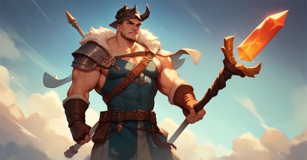 Vector design for t-shirt the one black tatto Viking left arm, a full body muscular Viking man, muscular legs, holding just one big sword in his right hand, perfect hands, brown hair parted with bangs, perfect realistic blue eyes, wearing warrior leather boot, wearing warrior boots, lake and mountains in the background.
