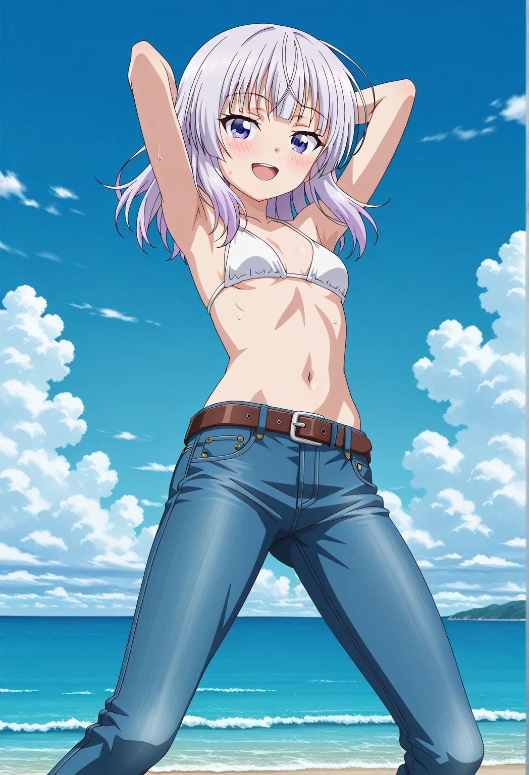 score_9, score_8_up, score_7_up, source_anime, highres, hi res, ((best quality, top quality, perfect quality, Highest Quality, amazing quality)), {{masterpiece}}, {{an extremely delicate and beautiful}}, 2d, intricate details, official style, anime, 8k, anime style, official_anime, official art, digital painting, cell shading, soft shading, high resolution, soothing tones, Subdued Color, Soft cinematic light, adobe lightroom, photolab, HDR, intricately and hyper-detailed, ((high quality animation)), 1 girl, Alone, solo, ((ocean)), tsunami, on the water, day, sunny, outdoors, sky, windy, arisu sakayanagi, sakayanagi arisu, long hair, bangs, purple eyes, white hair, blunt bangs, anime screencap, small breasts, white bikini top, best quality, hyper-detailed jeans, belt, brown belt, ((blue jeans:1.9)), (dark blue jeans:0.6), full medium body, medium shot, Open mouth, smiling, happy face, blush, sweat, standing, ((arms behind head:6.0)), bowlegged, jumping pose, action, looking at viewer, spread legs, Bend knees slightly, straight-on front view