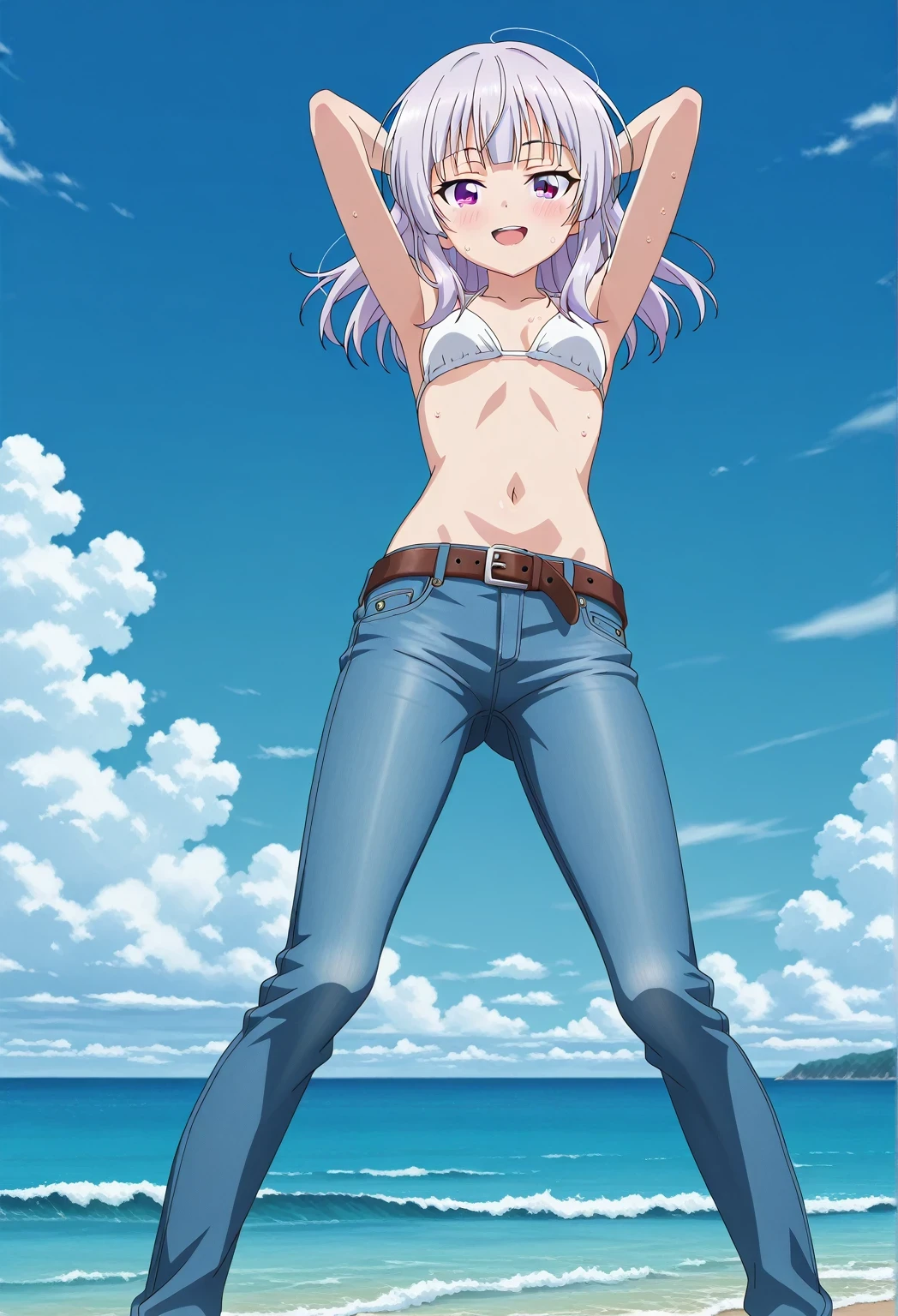 score_9, score_8_up, score_7_up, source_anime, highres, hi res, ((best quality, top quality, perfect quality, Highest Quality, amazing quality)), {{masterpiece}}, {{an extremely delicate and beautiful}}, 2d, intricate details, official style, anime, 8k, anime style, official_anime, official art, digital painting, cell shading, soft shading, high resolution, soothing tones, Subdued Color, Soft cinematic light, adobe lightroom, photolab, HDR, intricately and hyper-detailed, ((high quality animation)), 1 girl, Alone, solo, ((ocean)), tsunami, on the water, day, sunny, outdoors, sky, windy, arisu sakayanagi, sakayanagi arisu, long hair, bangs, purple eyes, white hair, blunt bangs, anime screencap, small breasts, white bikini top, best quality, hyper-detailed jeans, belt, brown belt, ((blue jeans:1.9)), (dark blue jeans:0.6), full medium body, medium shot, Open mouth, smiling, happy face, blush, sweat, standing, ((arms behind head:6.0)), bowlegged, jumping pose, action, looking at viewer, spread legs, Bend knees slightly, straight-on front view