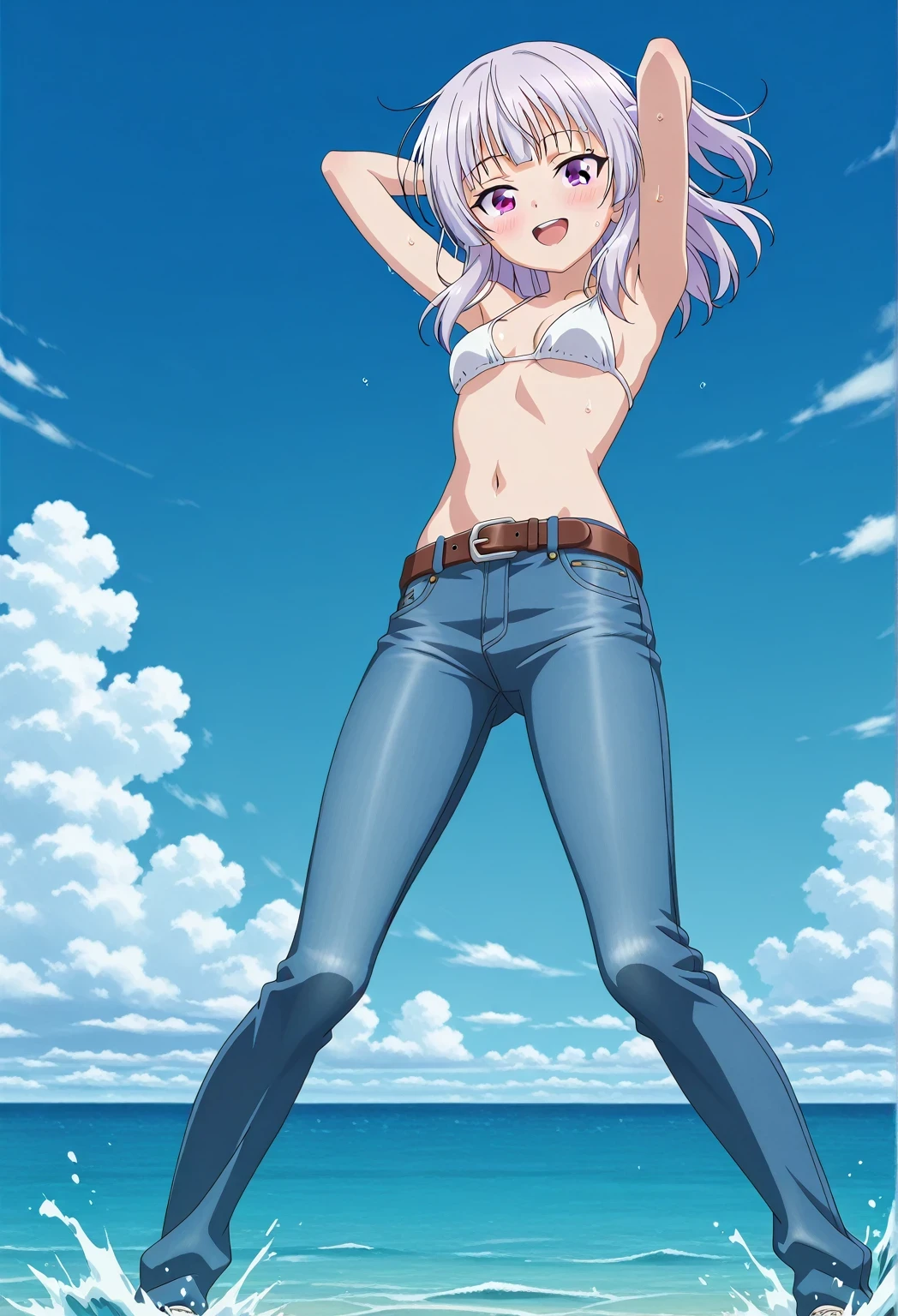 score_9, score_8_up, score_7_up, source_anime, highres, hi res, ((best quality, top quality, perfect quality, Highest Quality, amazing quality)), {{masterpiece}}, {{an extremely delicate and beautiful}}, 2d, intricate details, official style, anime, 8k, anime style, official_anime, official art, digital painting, cell shading, soft shading, high resolution, soothing tones, Subdued Color, Soft cinematic light, adobe lightroom, photolab, HDR, intricately and hyper-detailed, ((high quality animation)), 1 girl, Alone, solo, ((ocean)), tsunami, on the water, day, sunny, outdoors, sky, windy, arisu sakayanagi, sakayanagi arisu, long hair, bangs, purple eyes, white hair, blunt bangs, anime screencap, small breasts, white bikini top, best quality, hyper-detailed jeans, belt, brown belt, ((blue jeans:1.9)), (dark blue jeans:0.6), full medium body, medium shot, Open mouth, smiling, happy face, blush, sweat, standing, ((arms behind head:6.0)), bowlegged, jumping pose, action, looking at viewer, spread legs, Bend knees slightly, straight-on front view