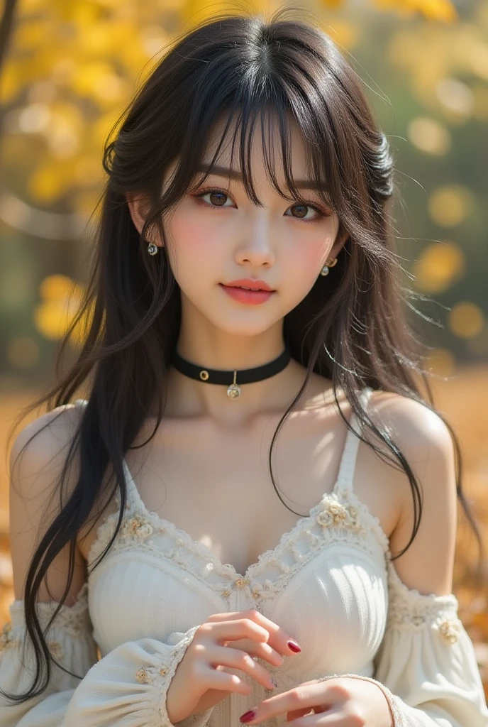 1girl in,huge-breasted, Black hair, High quality, ultra-detailliert, masutepiece, Realistic、Black dress、