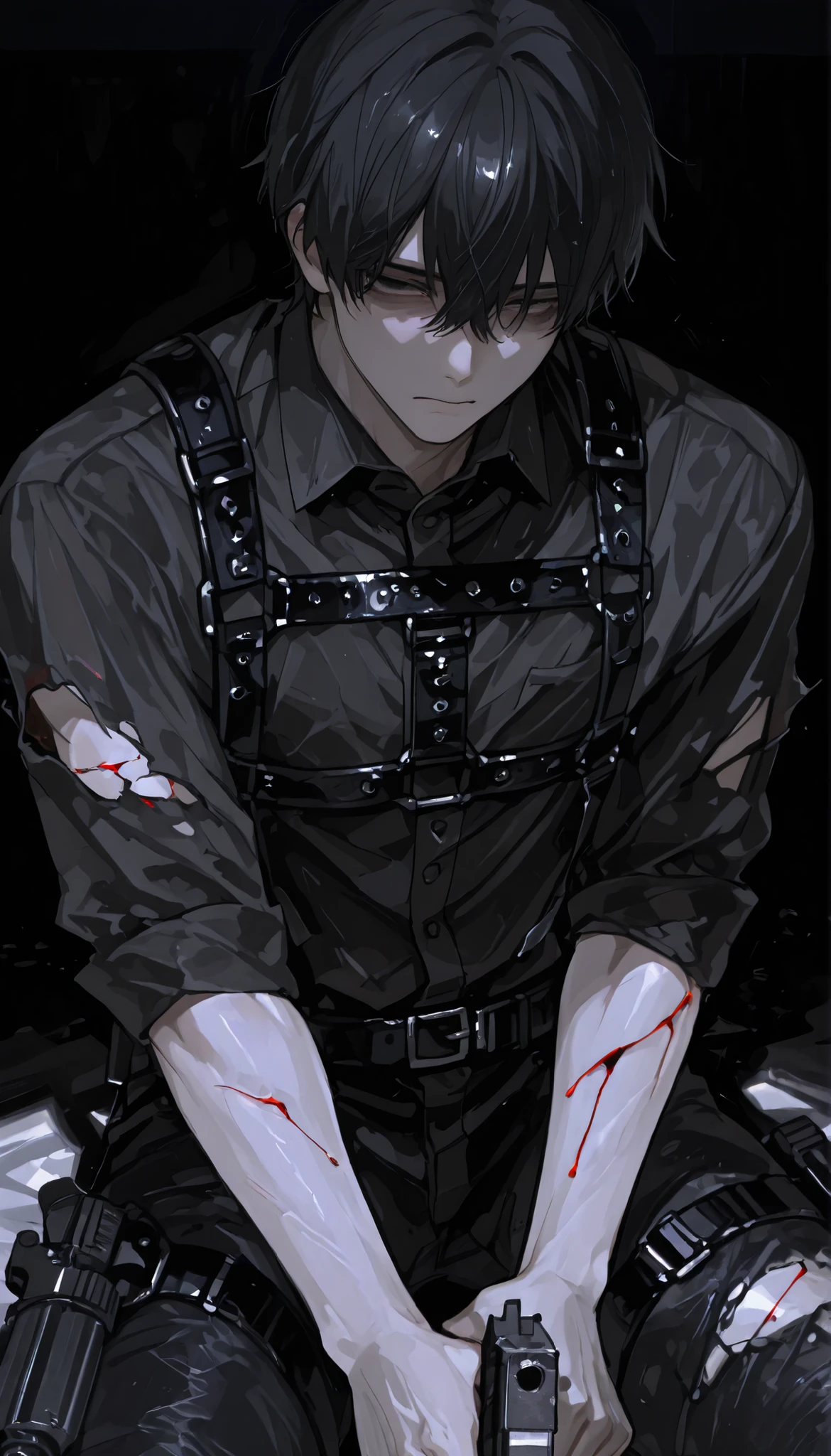 Boy with no emotions、black eyes with no light in the eyes、返りBlood、black room、moonlight、harness、Black Clothes、torn clothes、gun、injury、Blood